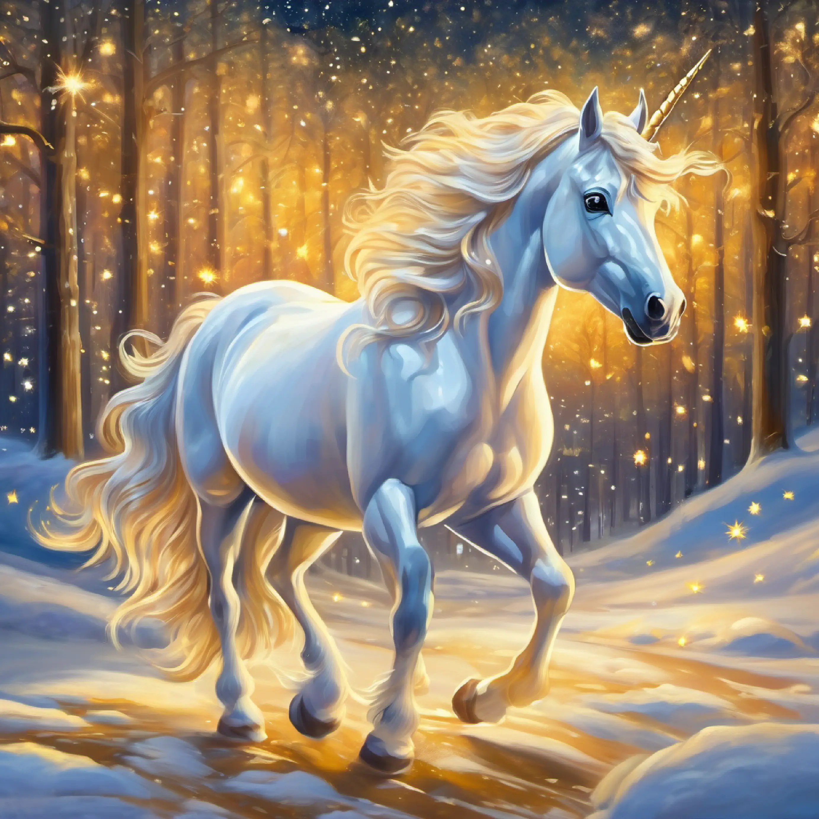 Young unicorn, golden hoof, stardust trail, eyes reflecting bravery travels, leaving behind a stardust trail, and feels connected to the world.