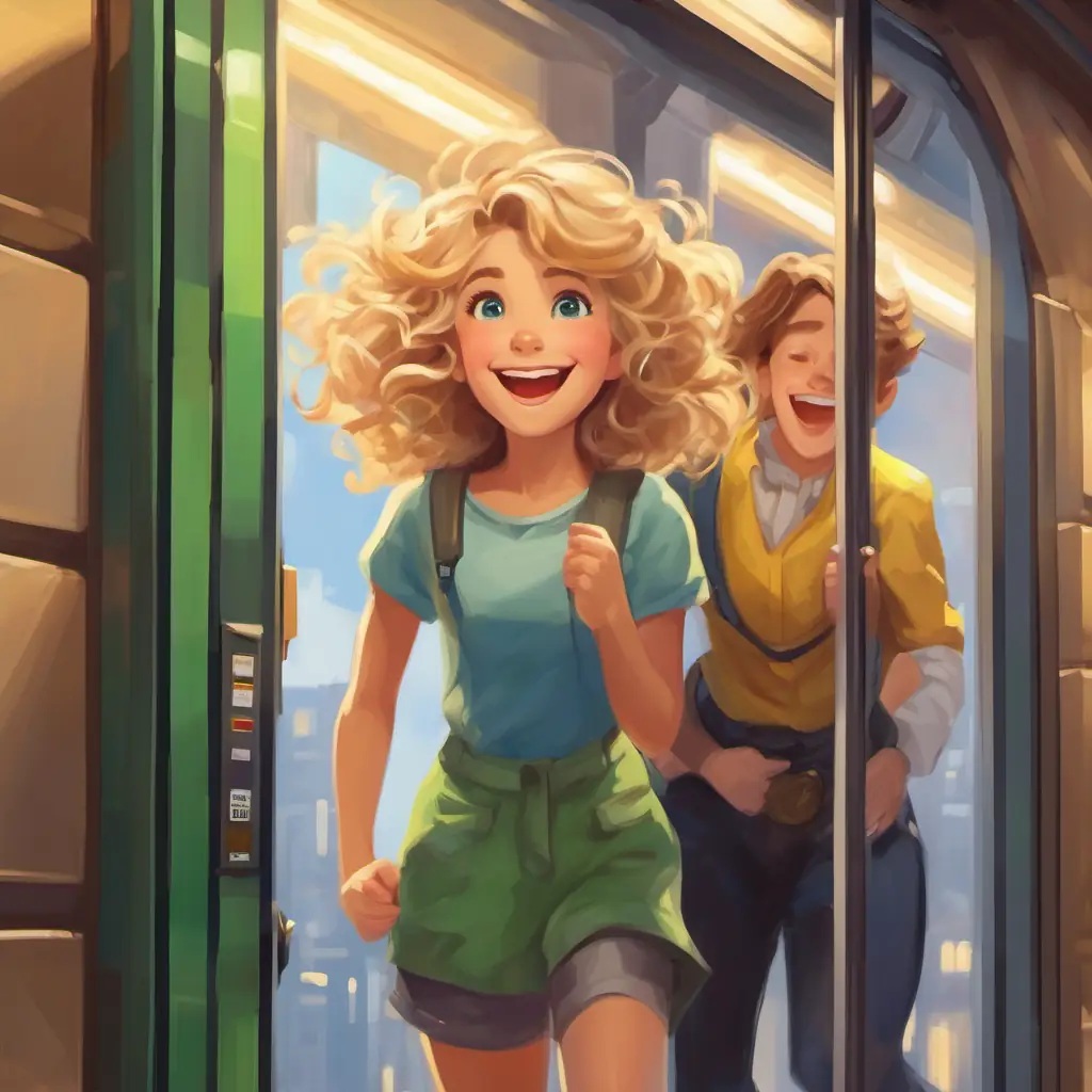 Brown hair, blue eyes, tall and kind, always smiling and Blonde curls, green eyes, playful and caring, full of giggles exploring the city, laughing and jumping by an elevator.