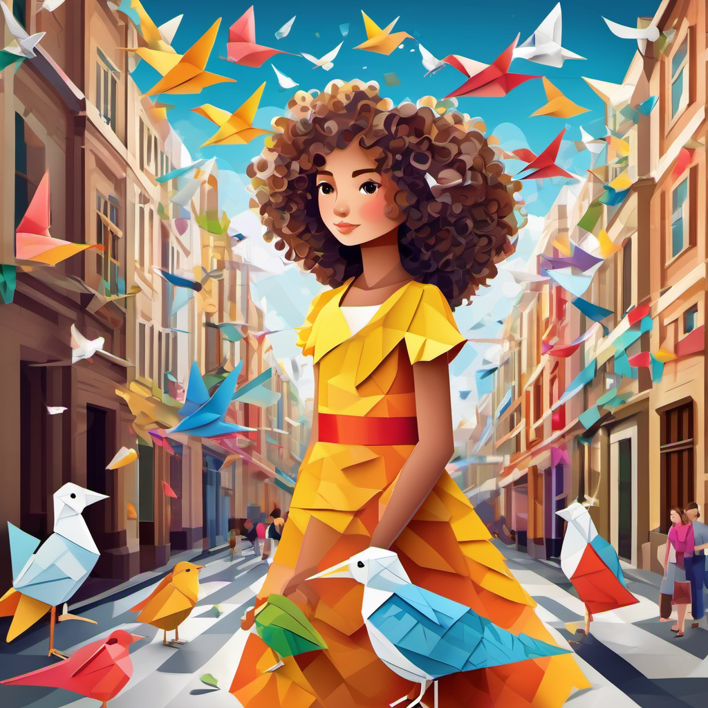 Curly-haired girl with a colorful dress and paper bird surrounded by busy paper people and buildings