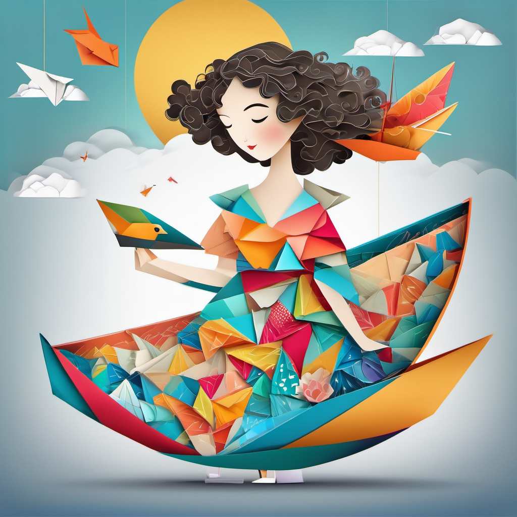 Curly-haired girl with a colorful dress and paper bird standing by a paper boat, wind whispering in her ear