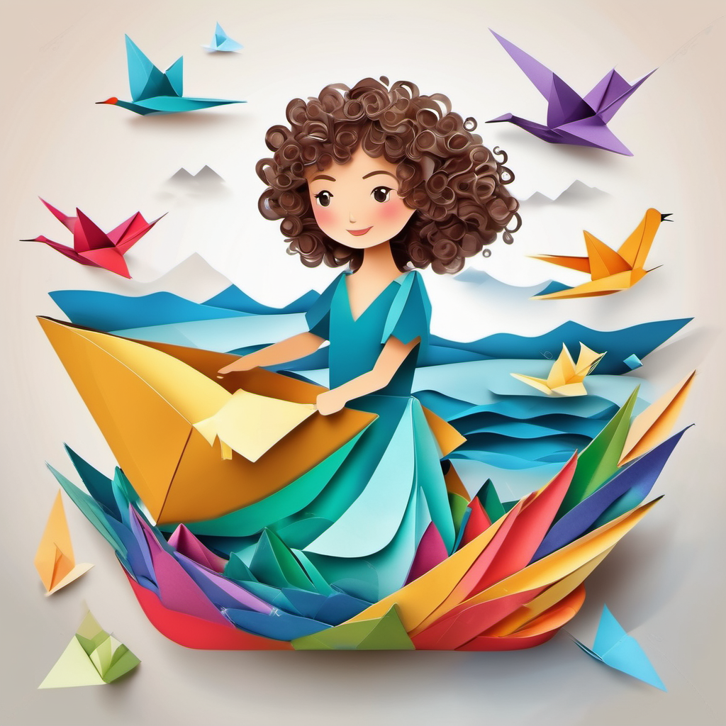 Curly-haired girl with a colorful dress and paper bird sailing in a paper boat surrounded by dream river