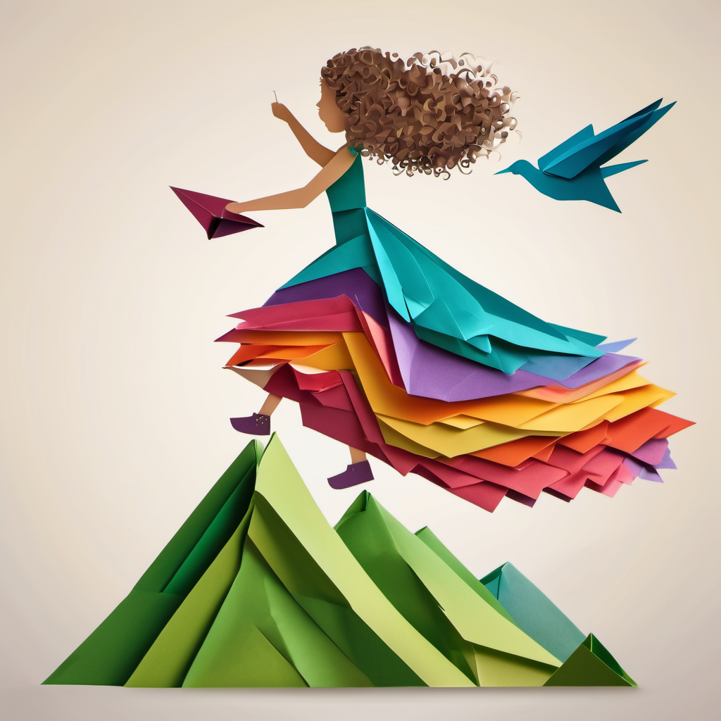 Curly-haired girl with a colorful dress and paper bird jumping off a paper mountain towards her house