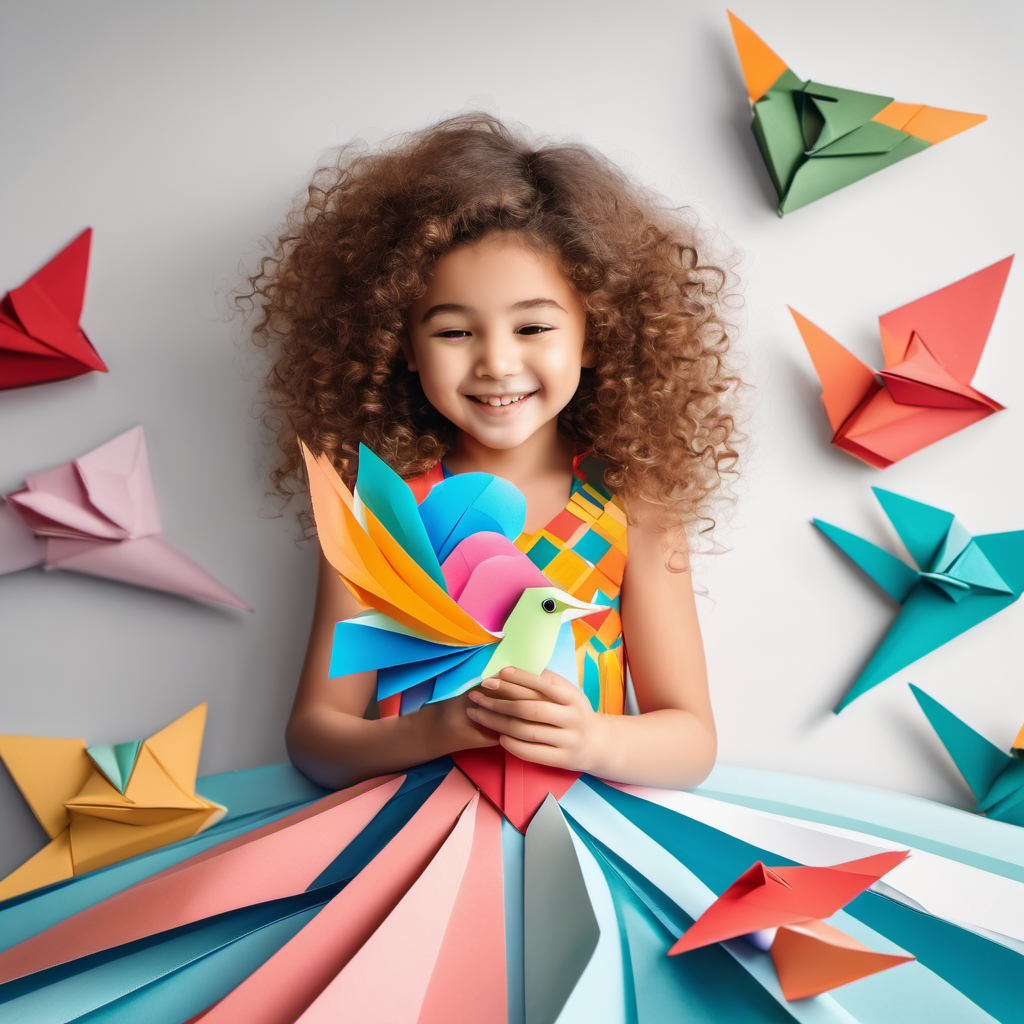 Curly-haired girl with a colorful dress and paper bird in bed holding the paper bird and smiling