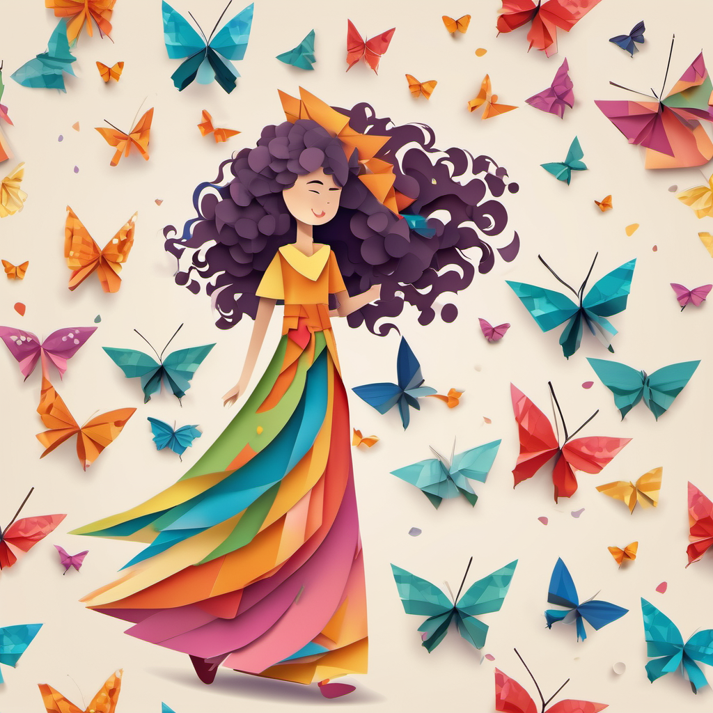 Curly-haired girl with a colorful dress and paper bird walking with the wind and butterflies by her side