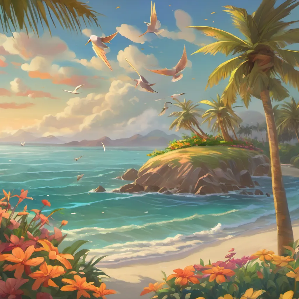 Show Illustrate a small, flying fish, Finley noticed a group of seagulls flying nearby. They were heading towards a distant island. Curious, Finley followed them and soon found himself on a sandy shore lined with palm trees and colorful flowers.