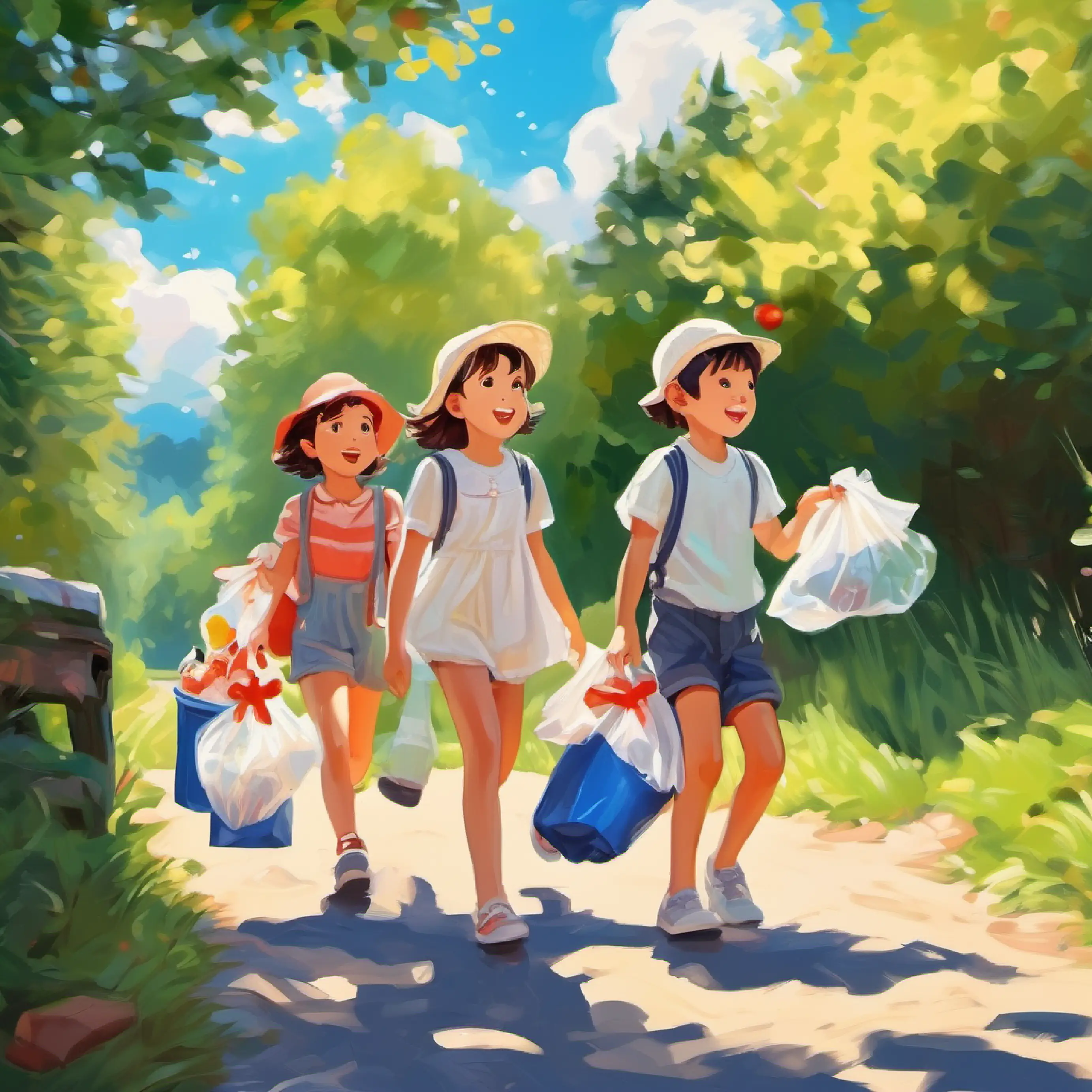 1 boy and 2 girls picking up trash in the summer