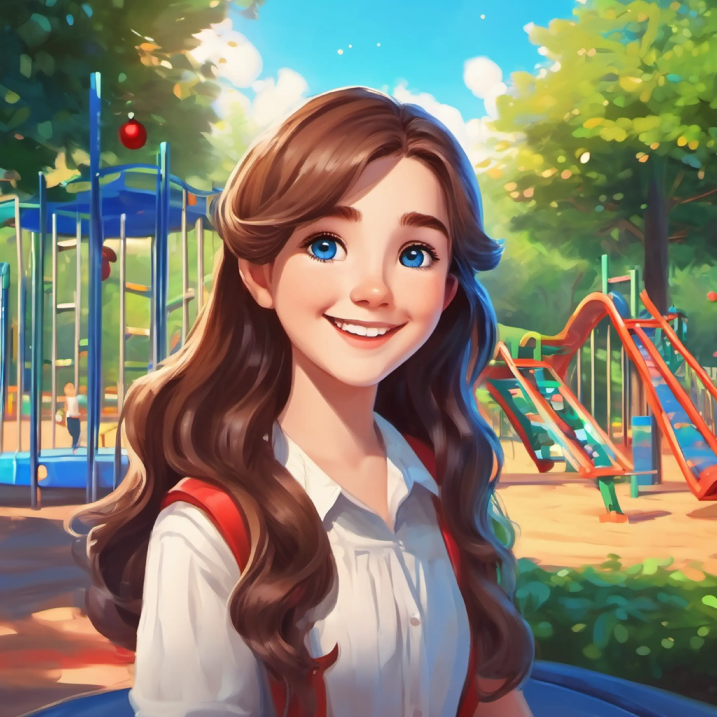 summer, playground, teacher smiling with long brown hair and blue eyes, playground