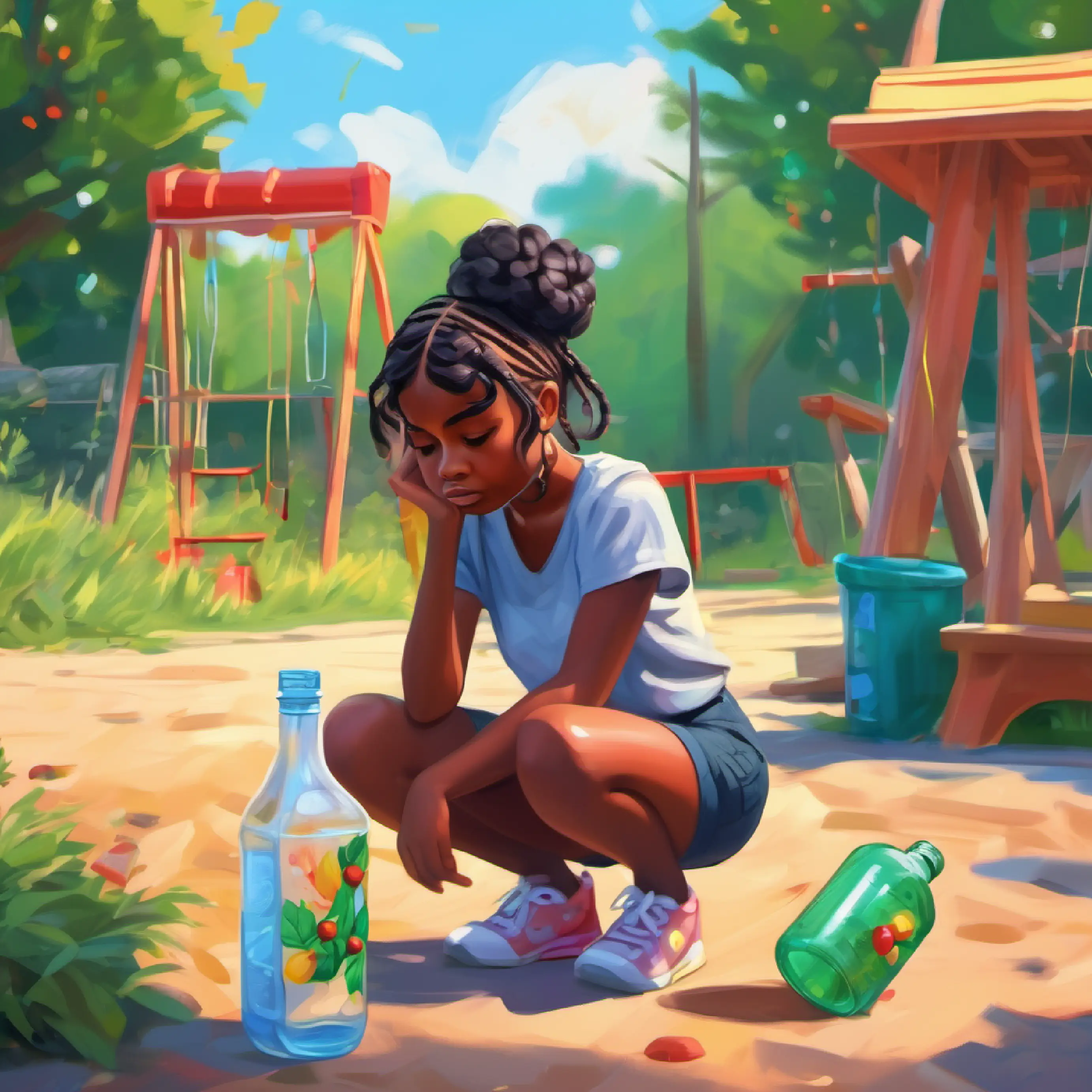 playground sad Black girl with braided hair looking at plastic bottle on the ground in summer 