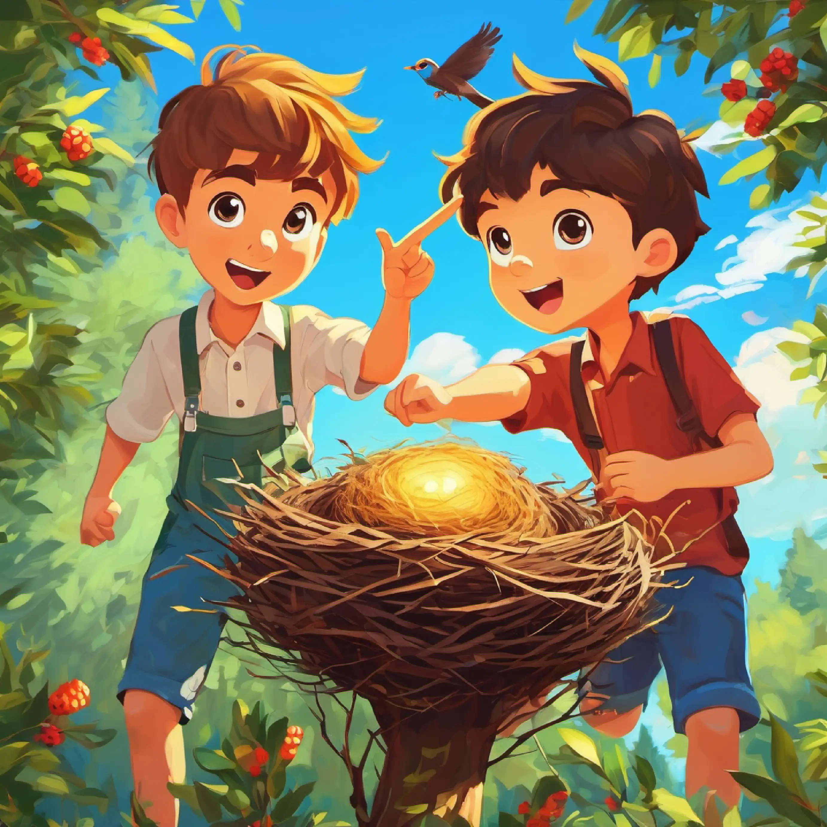 2 boys pointing at a bird nest in summer