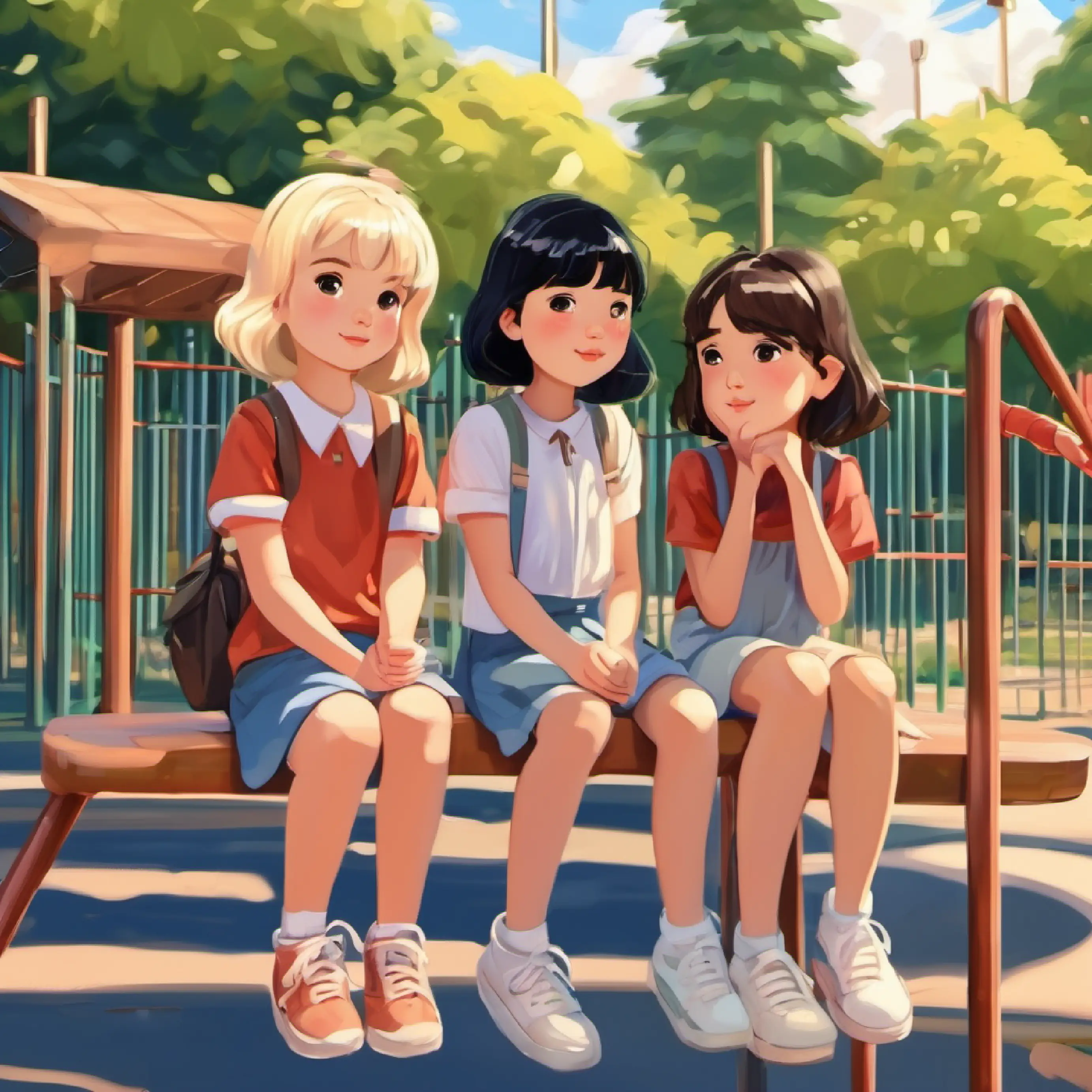 3 girls sitting in playground summer (1 girl has short black hair, 1 girl has short blonde hair, one girl long brown hair)