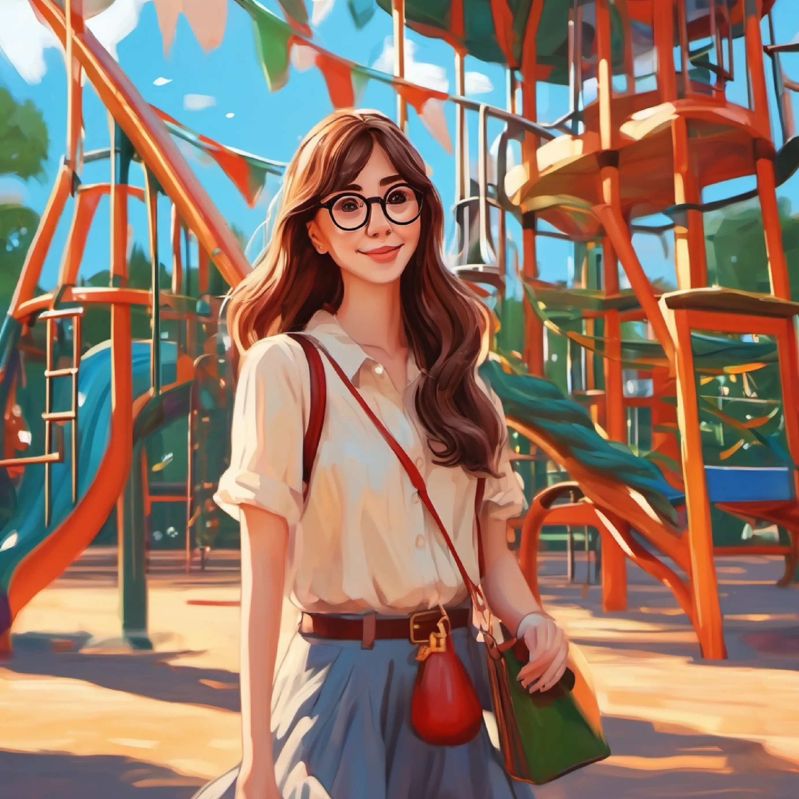 female with long brown hair and glasses, summer, playground