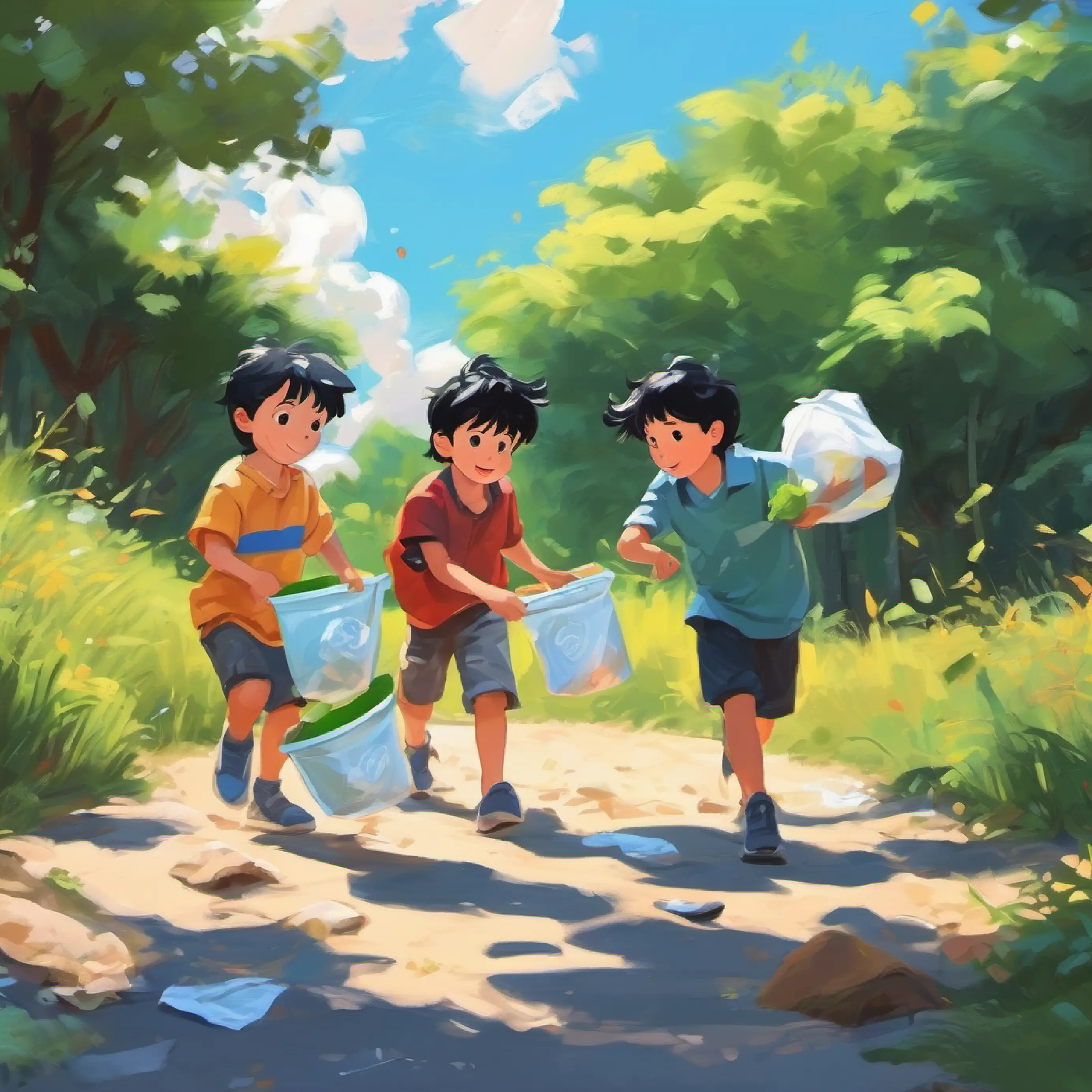 3 boys with black hair picking up trash in summer