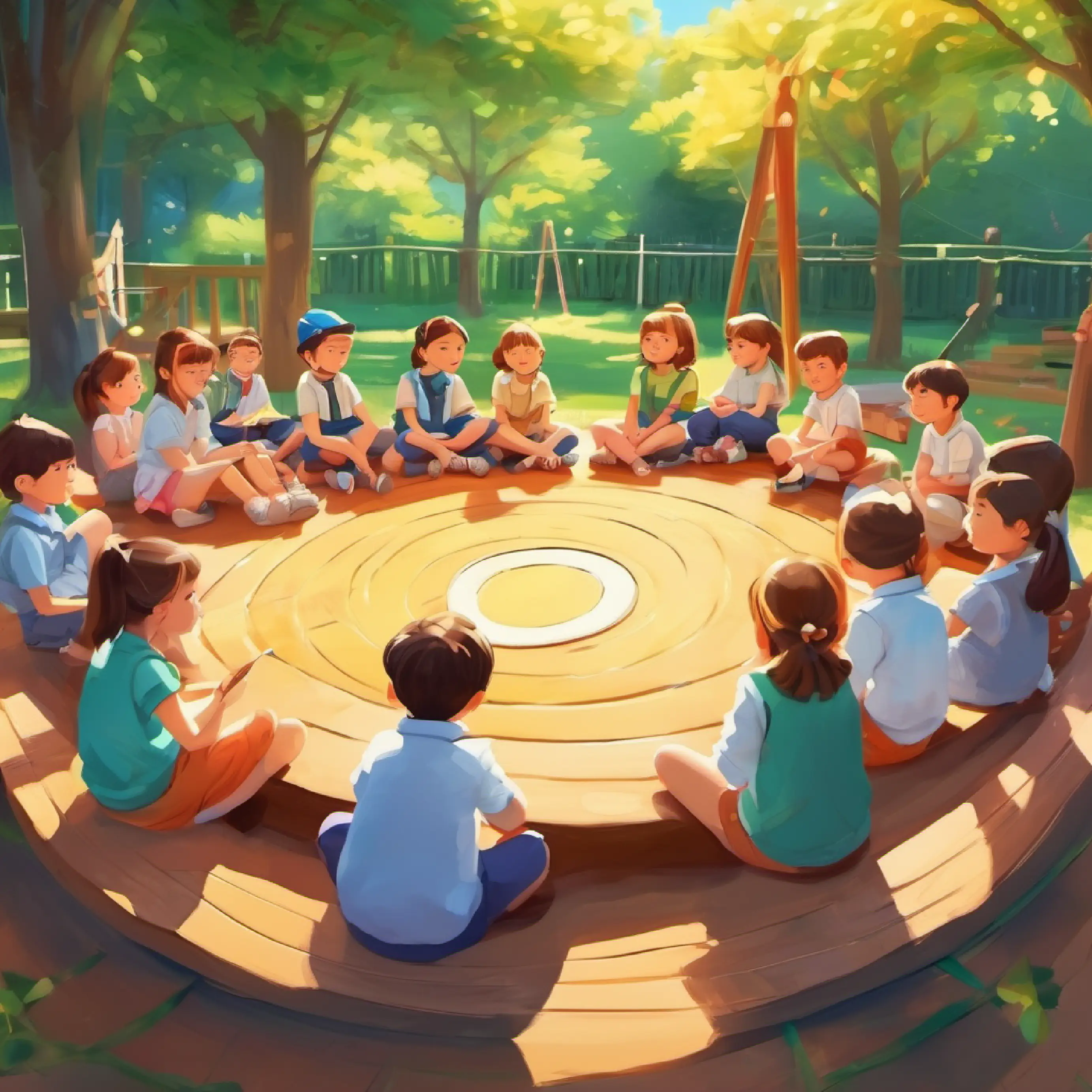 2 teachers, grade 1 students sitting in circle, summer, playground
