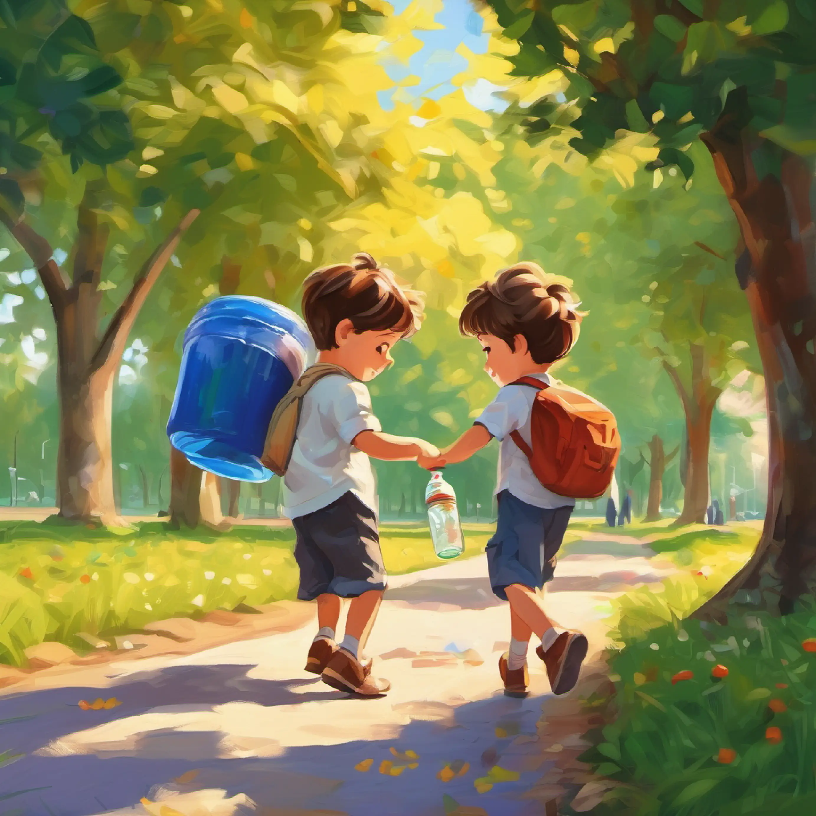 TWO boys with brown hair picking up a plastic bottle in the park in the summer