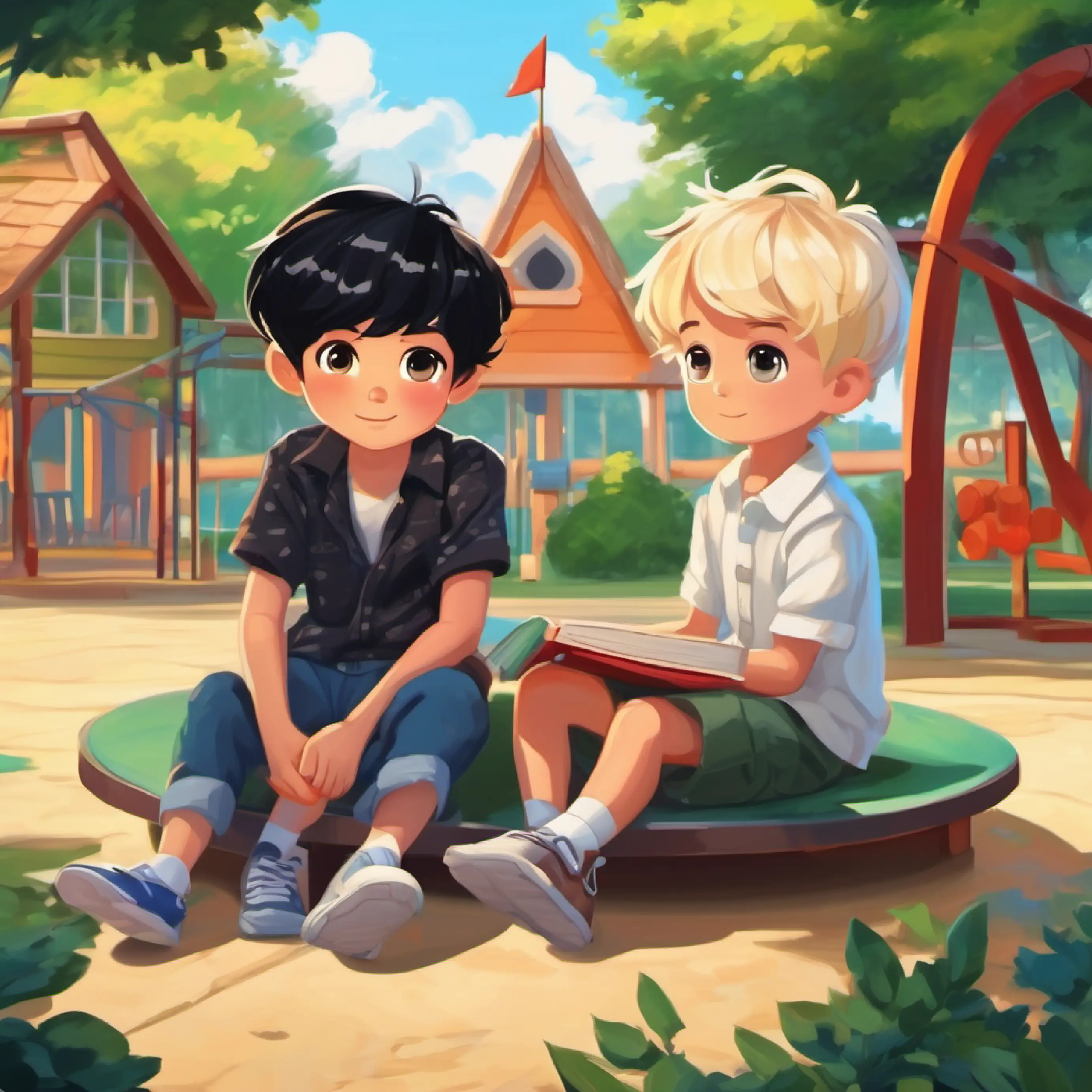 Nori (boy-short black hair) and Nikita (boy-blonder hair) exchanged curious glances while  sitting in a circle at the school playground in summer