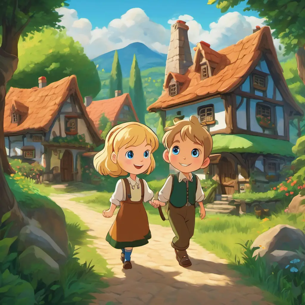 The village with small houses, trees, and a big forest nearby. Hansel has blonde hair and blue eyes and Gretel has brown hair and green eyes are happy and playing outside.