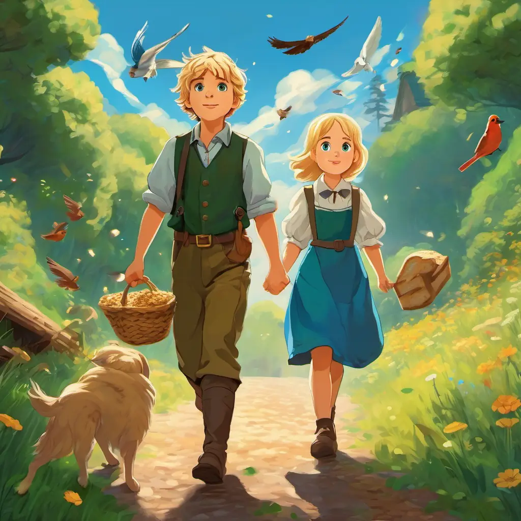 Hansel has blonde hair and blue eyes and Gretel has brown hair and green eyes walking, with a trail of breadcrumbs, and birds flying above.