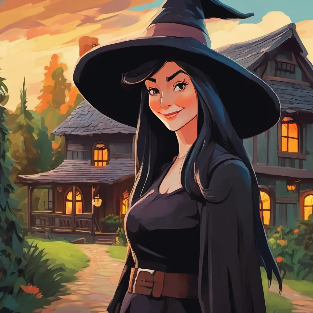 A scary witch with a long nose, black hat, and a wicked smile standing by the cottage.