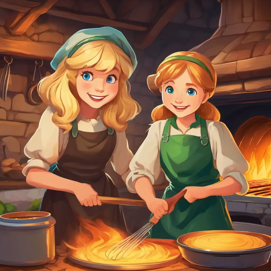 Hansel has blonde hair and blue eyes and Gretel has brown hair and green eyes pushing the witch into the oven, while smiling and proud of their plan.