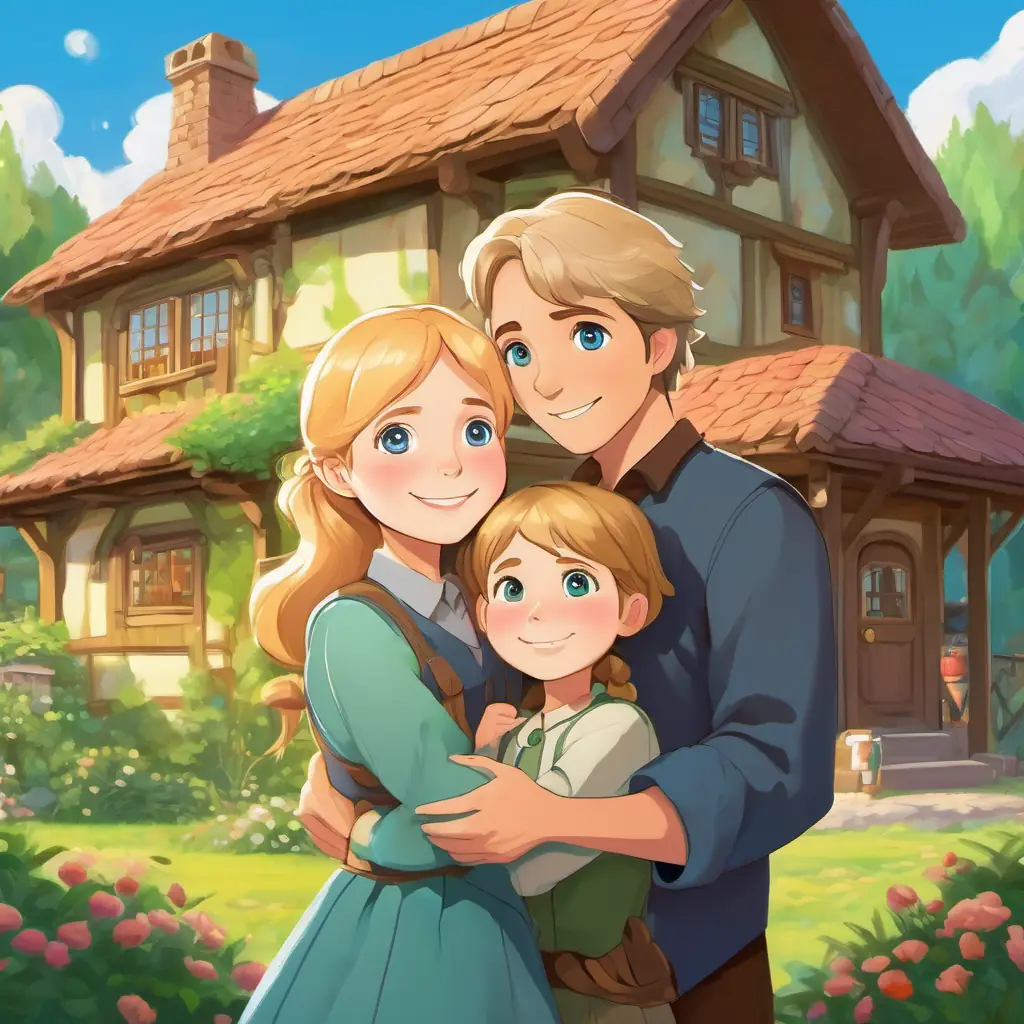 Hansel has blonde hair and blue eyes, Gretel has brown hair and green eyes, and their parents hugging, with smiles on their faces, and their cozy home in the background.