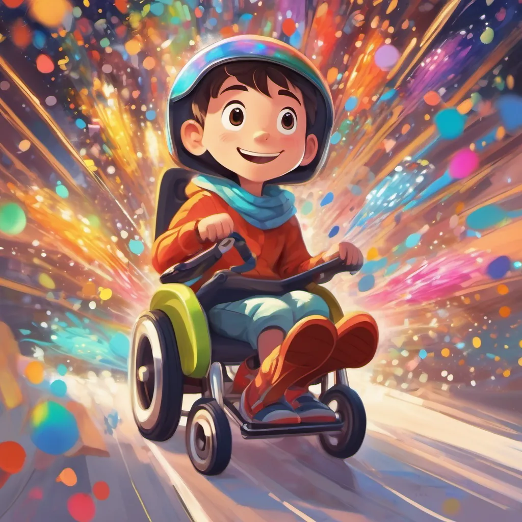 A boy in a wheelchair with a bright, excited expression, imagining race cars zooming around him, surrounded by colorful bursts and sparkles.