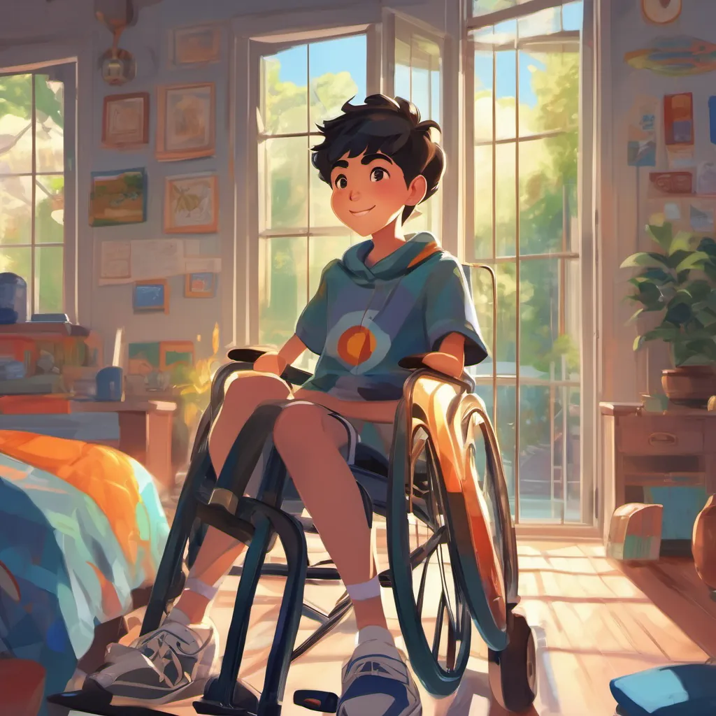 A cheerful high school student with short dark hair, sitting in a wheelchair, exuding determination and excitement sitting near a window with sunshine flooding the room, imagining himself in a fast race car.