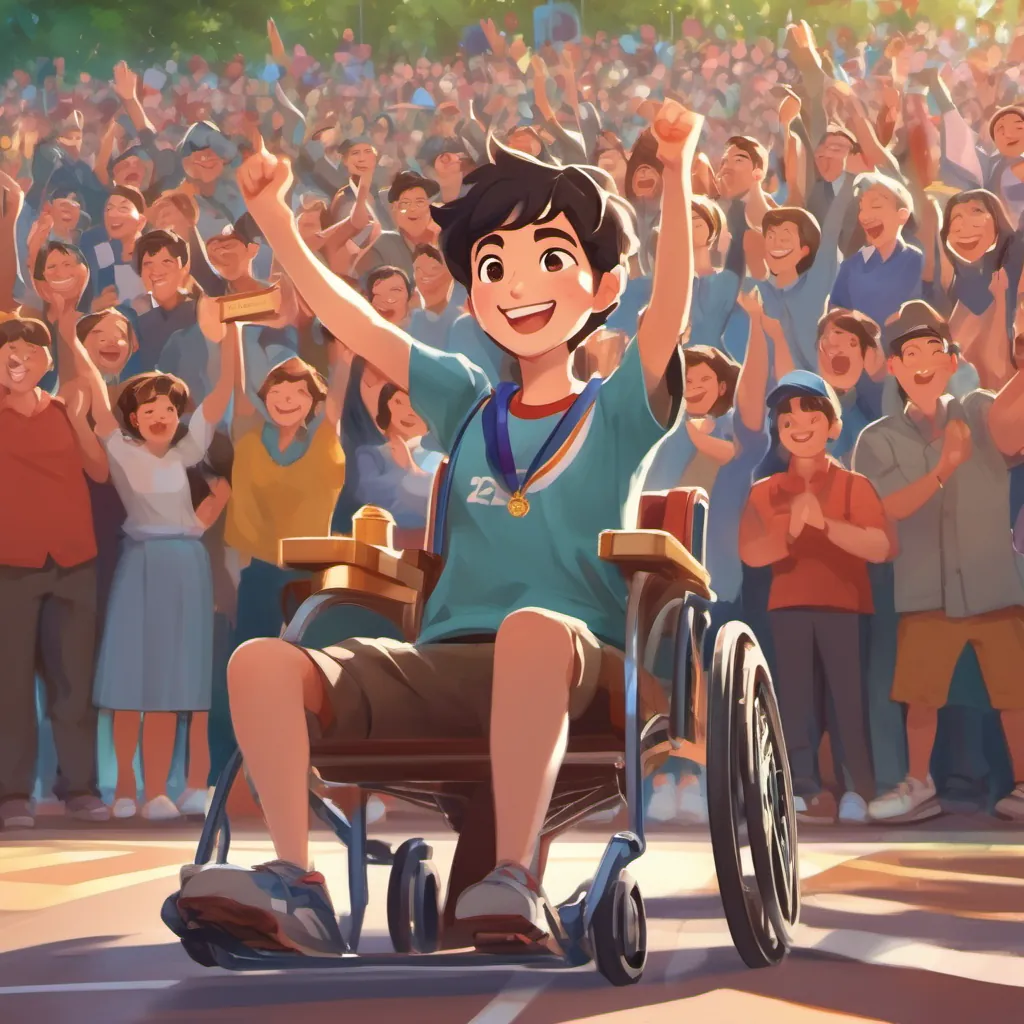 A cheerful high school student with short dark hair, sitting in a wheelchair, exuding determination and excitement receiving a medal on a podium, smiling widely, with the race car in the background and the crowd applauding.