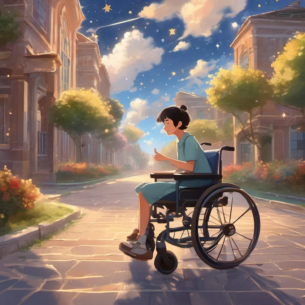 A dreamy backdrop with stars and clouds, showing A cheerful high school student with short dark hair, sitting in a wheelchair, exuding determination and excitement’s journey and triumph, emanating inspiration.