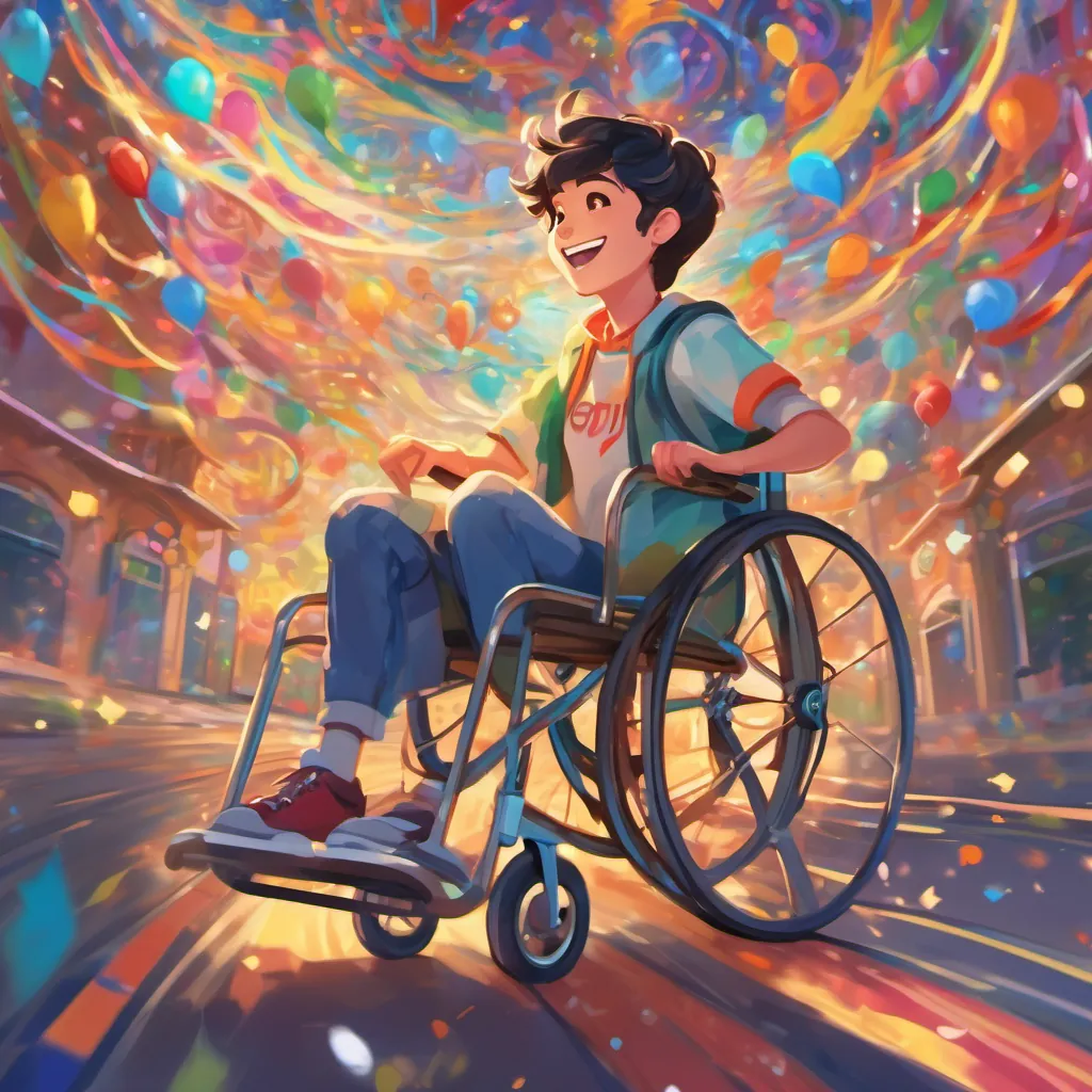 A cheerful high school student with short dark hair, sitting in a wheelchair, exuding determination and excitement's vivid imagination showcasing race tracks and cheering crowds, with an overlay of colorful, dream-like swirls.