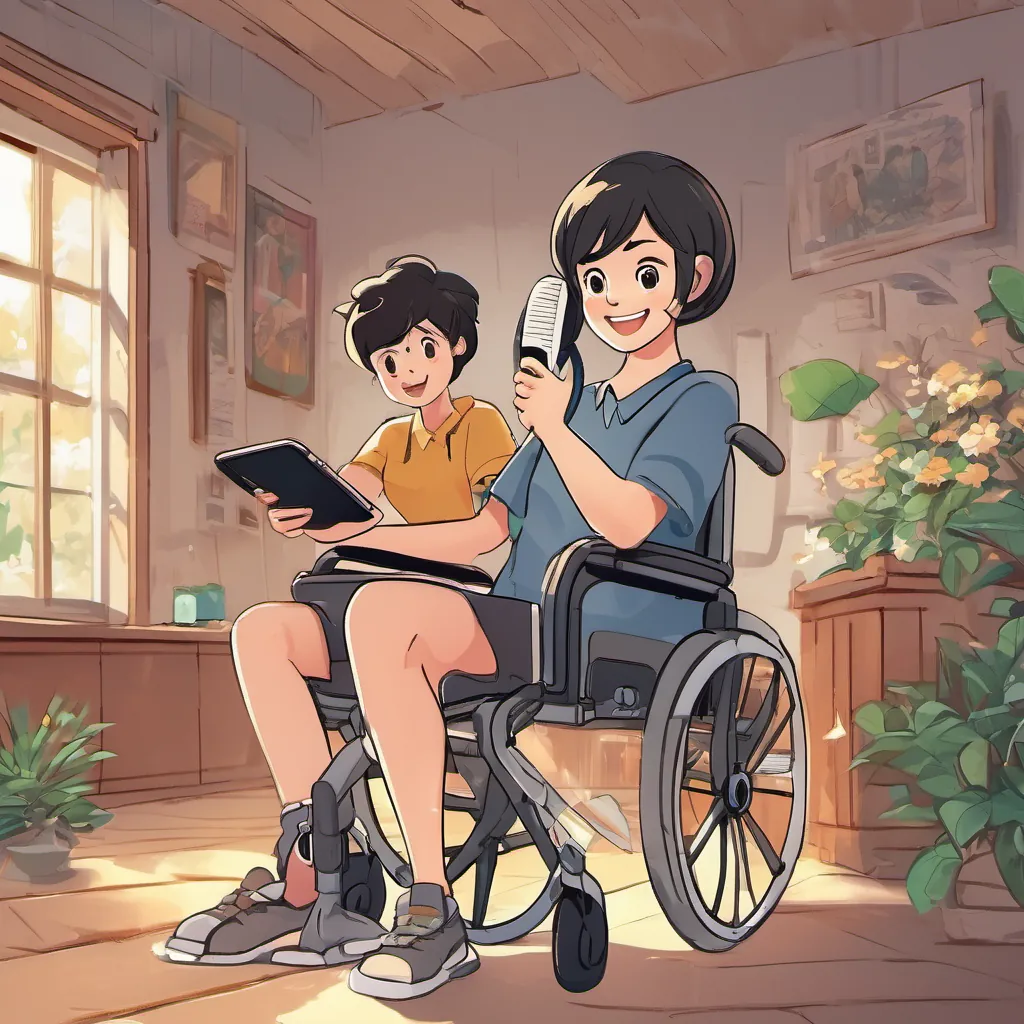 A cheerful high school student with short dark hair, sitting in a wheelchair, exuding determination and excitement’s parents smiling and giving a thumbs-up while making a phone call as A cheerful high school student with short dark hair, sitting in a wheelchair, exuding determination and excitement beams with joy.