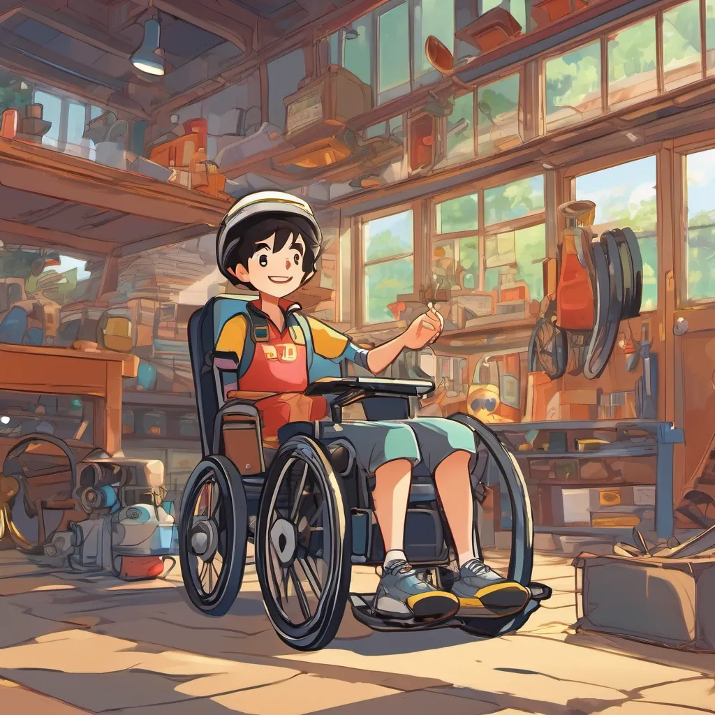 A cheerful high school student with short dark hair, sitting in a wheelchair, exuding determination and excitement and A friendly racer with a lucky hat, helping A cheerful high school student with short dark hair, sitting in a wheelchair, exuding determination and excitement achieve his dreams with a joyful demeanor working on a race car in a garage, surrounded by tools and friendly can-do attitude.