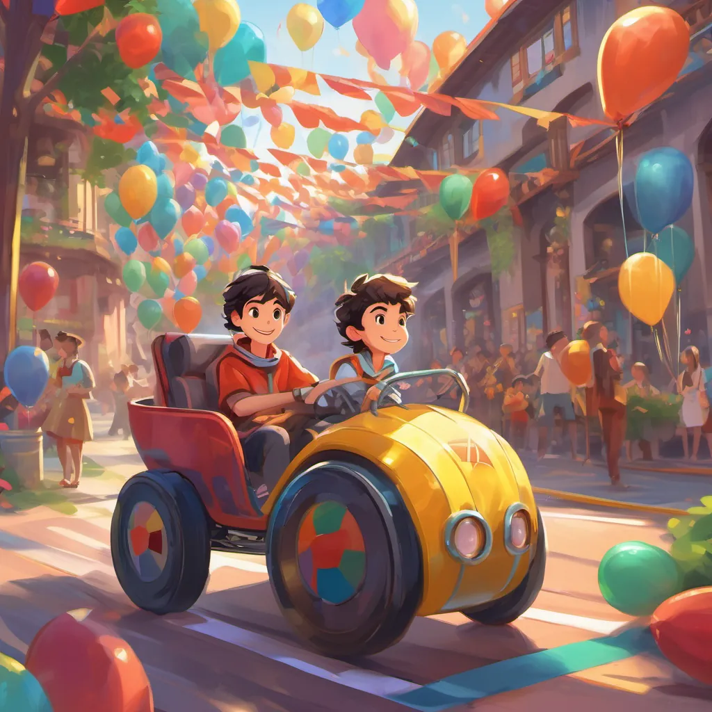 A colorful racetrack filled with balloons and banners, a festive atmosphere, and A cheerful high school student with short dark hair, sitting in a wheelchair, exuding determination and excitement getting ready in his race car.