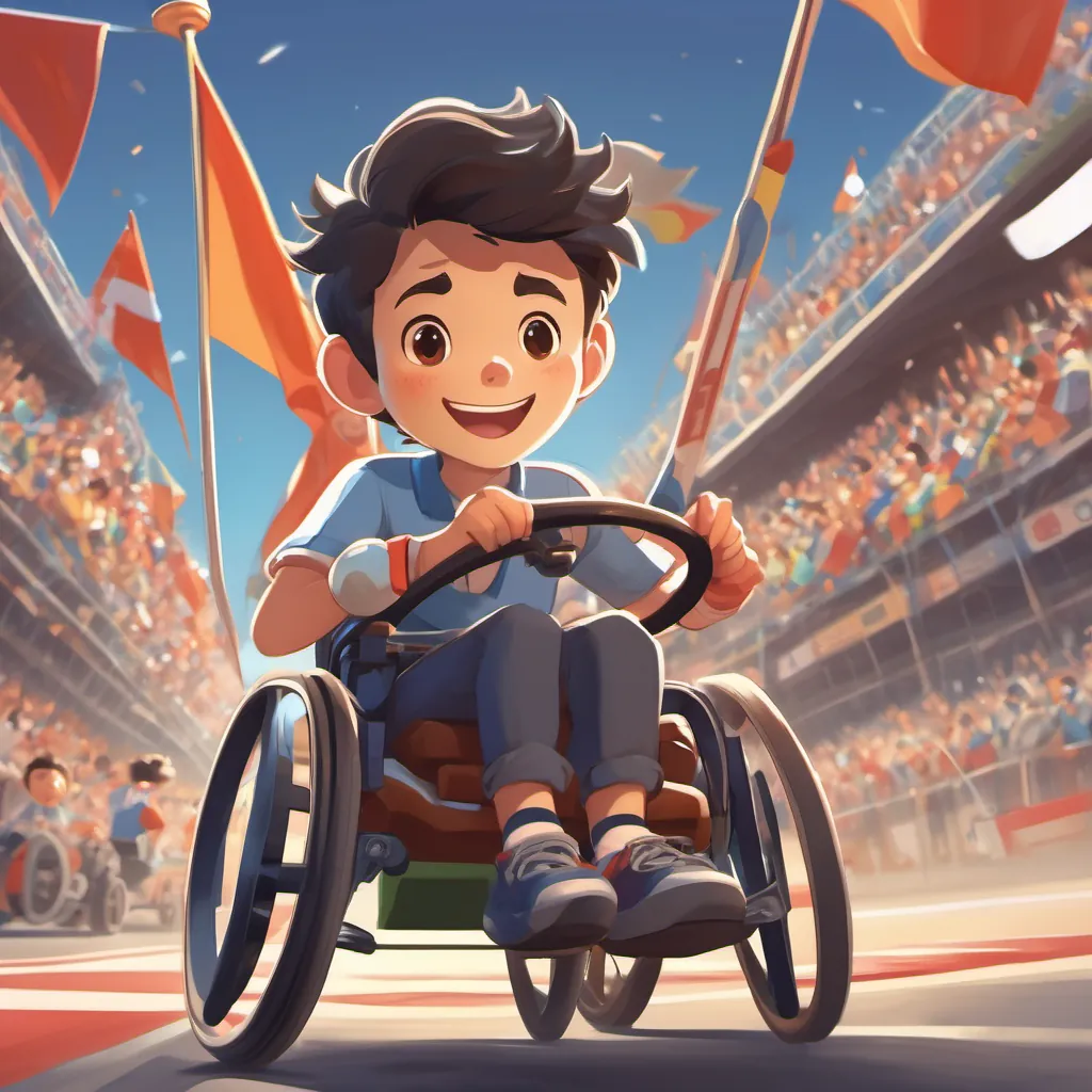 A cheerful high school student with short dark hair, sitting in a wheelchair, exuding determination and excitement in his race car at the starting line, with an announcer holding a mic and flags waving, ready to start the race.