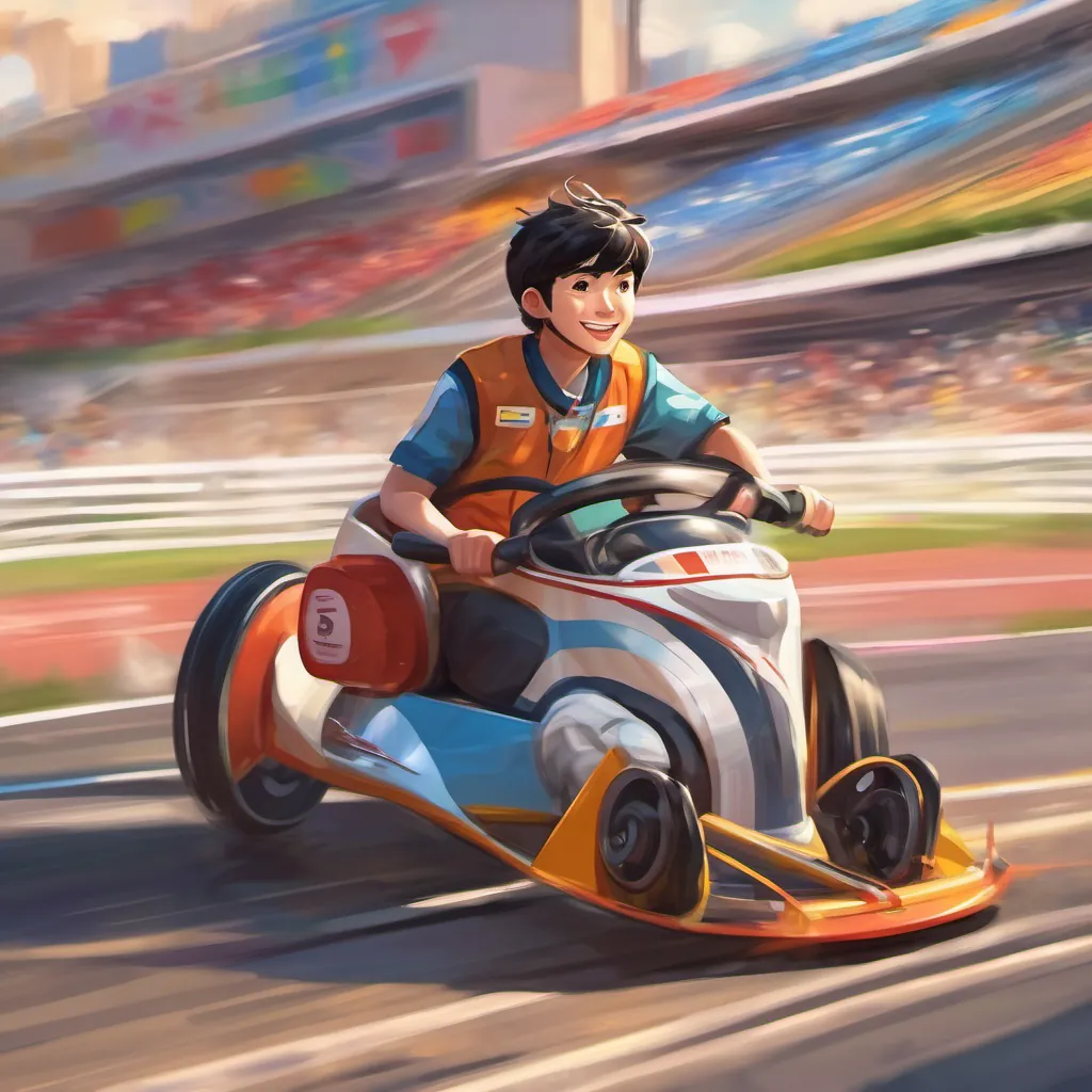 A cheerful high school student with short dark hair, sitting in a wheelchair, exuding determination and excitement’s race car zooming down the track with motion blur, bright streaks showcasing his incredible speed.