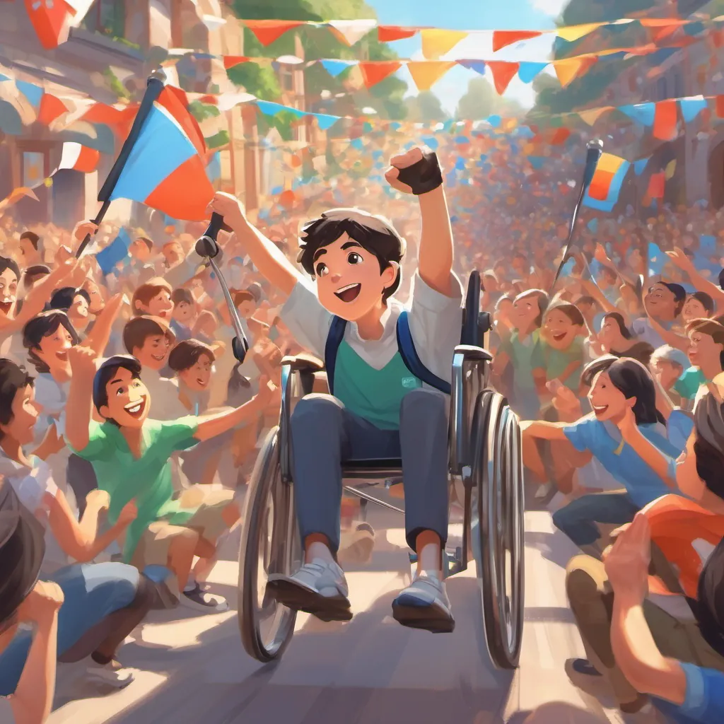 A cheerful high school student with short dark hair, sitting in a wheelchair, exuding determination and excitement overtaking other racers, with the enthusiastic crowd cheering him on and waving flags.