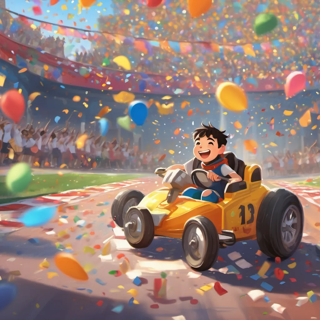 A cheerful high school student with short dark hair, sitting in a wheelchair, exuding determination and excitement crossing the finish line with a triumphant expression, in his race car with a trail of confetti.