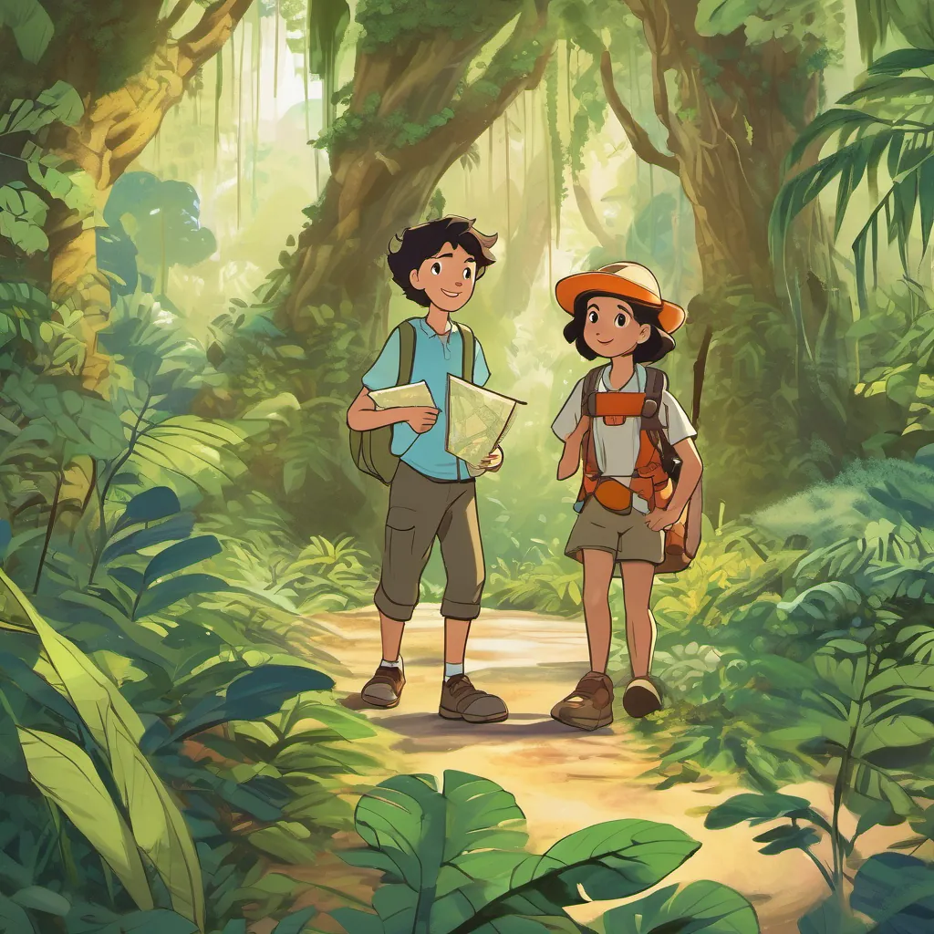 A whimsical jungle with tall trees reaching the sky, two curious kids A curious boy with messy hair, a backpack, exploring the jungle with curiosity with a backpack and A brave girl with short hair, holding a map, navigating the jungle with confidence with a map exploring.