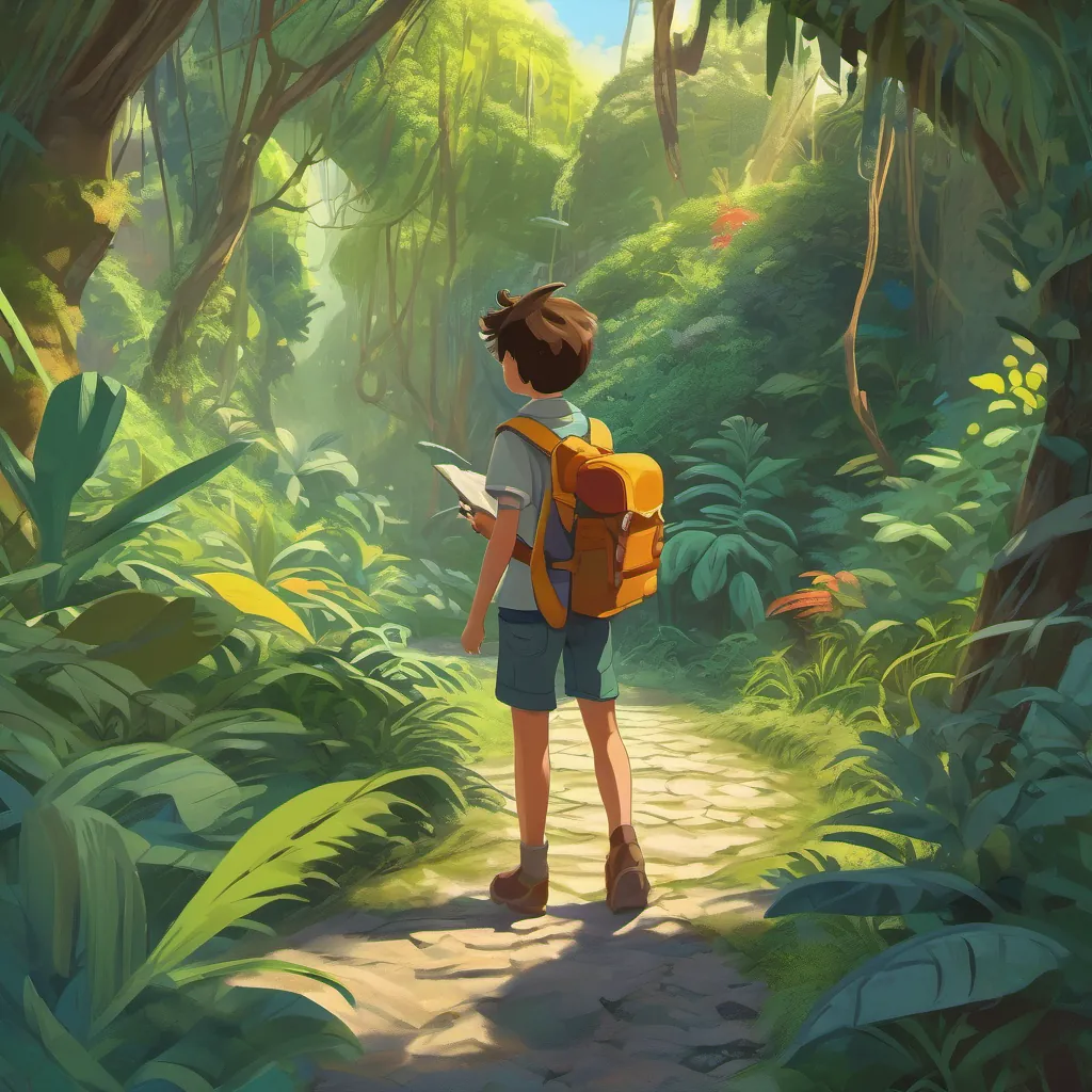 A twisting jungle path with A curious boy with messy hair, a backpack, exploring the jungle with curiosity and A brave girl with short hair, holding a map, navigating the jungle with confidence navigating through thick, prickly bushes but looking excited and determined.