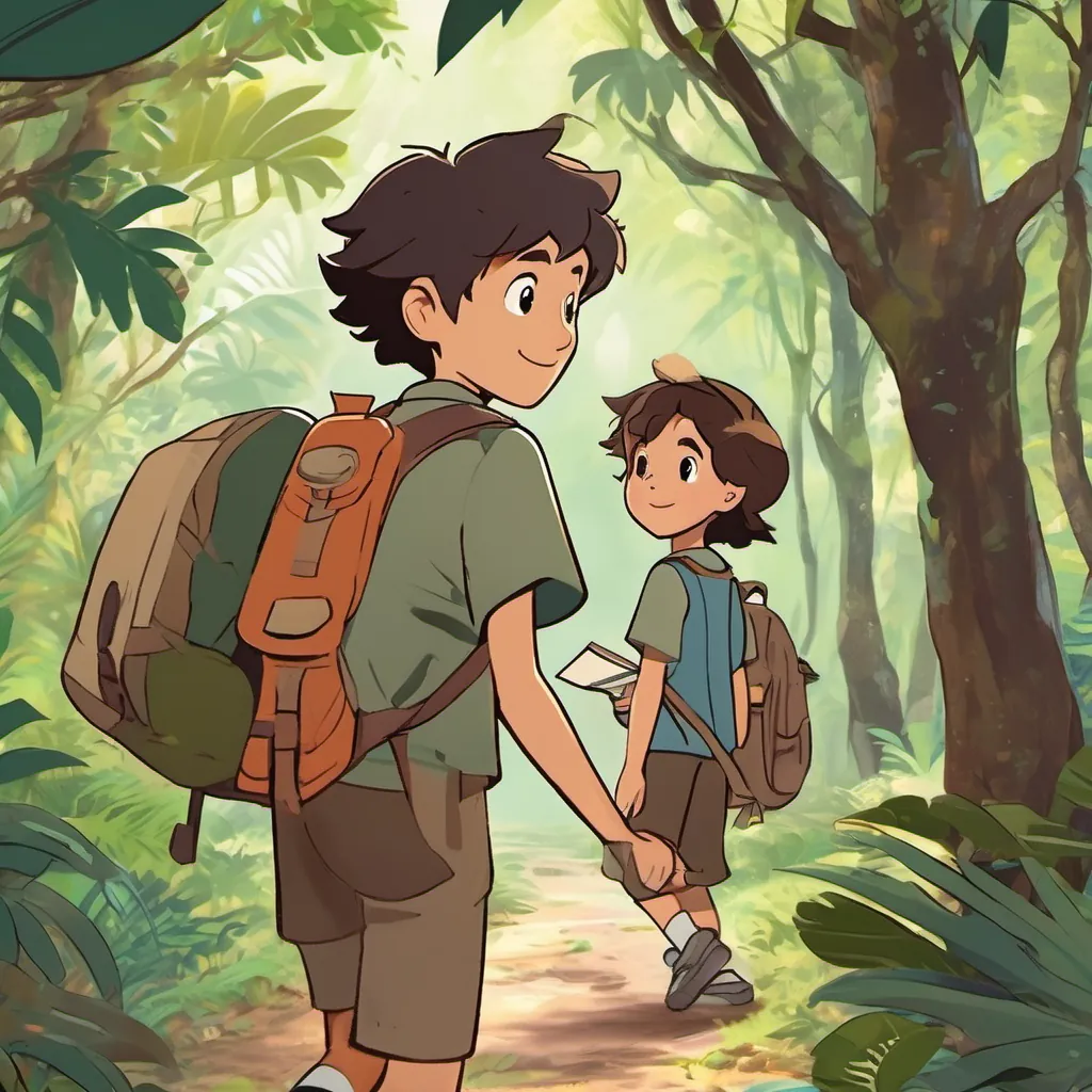 A curious boy with messy hair, a backpack, exploring the jungle with curiosity and A brave girl with short hair, holding a map, navigating the jungle with confidence walking back home happily, recalling their adventure and the lessons they learned, with a warm, bright aura around them.