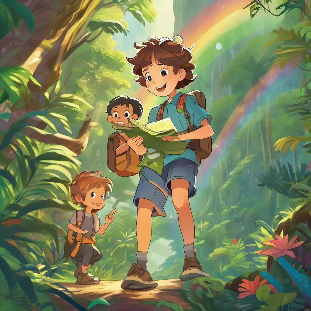 An illustration of A curious boy with messy hair, a backpack, exploring the jungle with curiosity and A brave girl with short hair, holding a map, navigating the jungle with confidence under a rainbow, depicting kindness and courage, with lush jungle surroundings in the background.