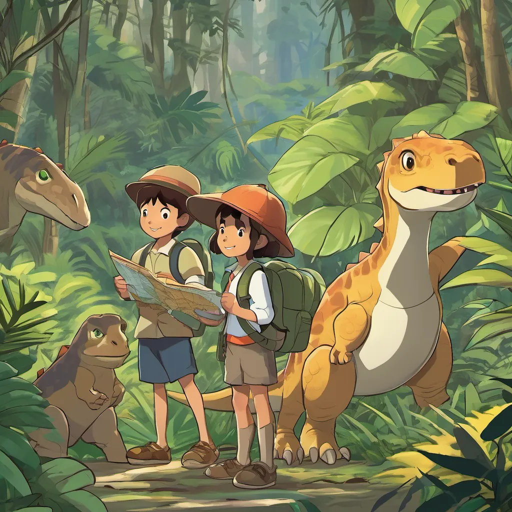 Various sized dinosaurs appear in the jungle, some big, some small, all friendly-looking, as A curious boy with messy hair, a backpack, exploring the jungle with curiosity and A brave girl with short hair, holding a map, navigating the jungle with confidence continue their adventure.