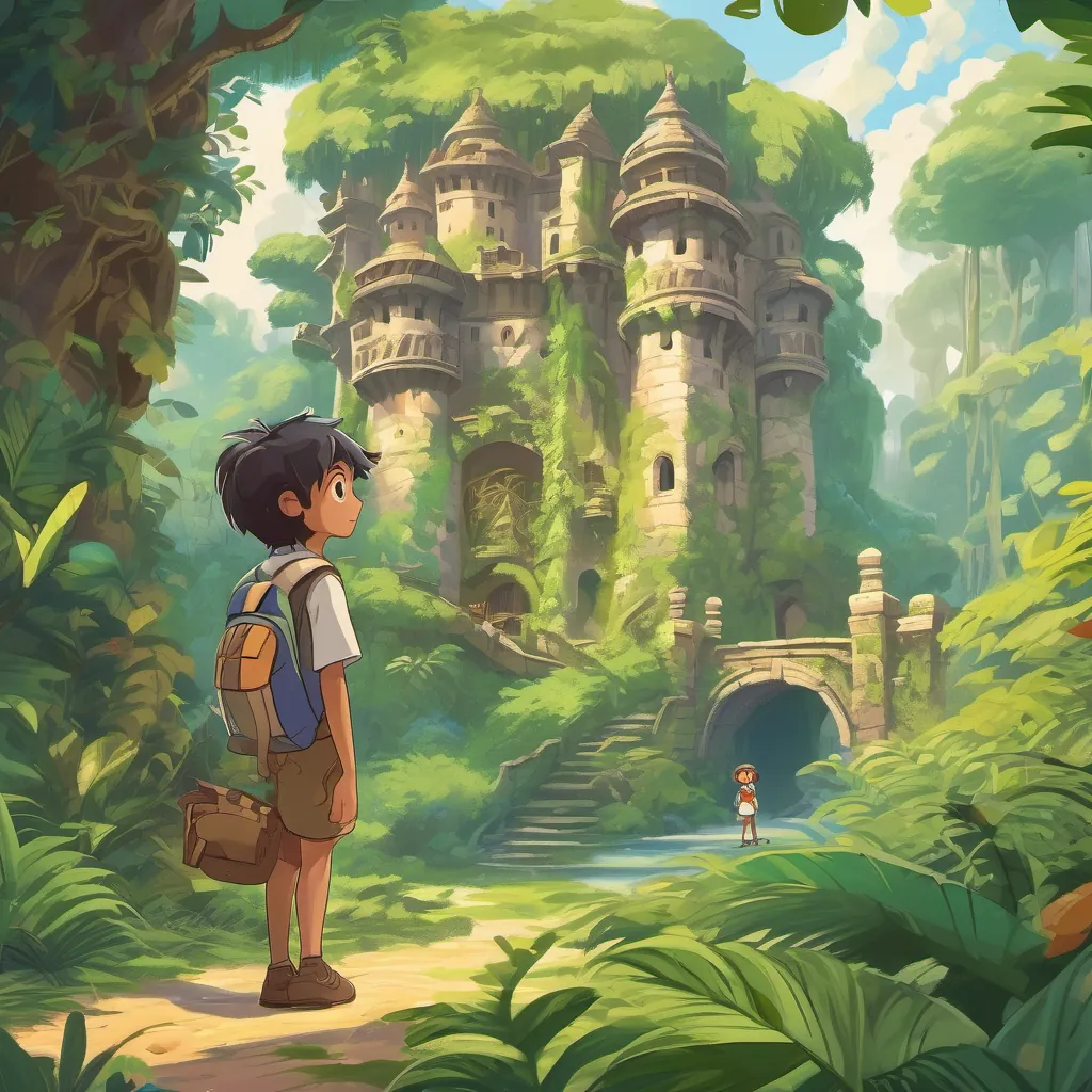 An ancient castle in a sunny jungle clearing, with twisted vines. A curious boy with messy hair, a backpack, exploring the jungle with curiosity and A brave girl with short hair, holding a map, navigating the jungle with confidence look on with awe and excitement.