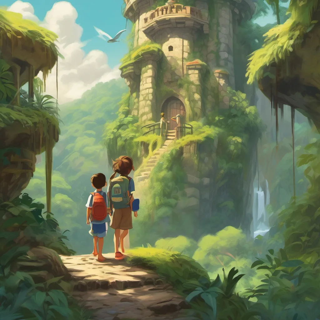 A princess in a tall castle tower waves warmly at A curious boy with messy hair, a backpack, exploring the jungle with curiosity and A brave girl with short hair, holding a map, navigating the jungle with confidence who are climbing up with determination.