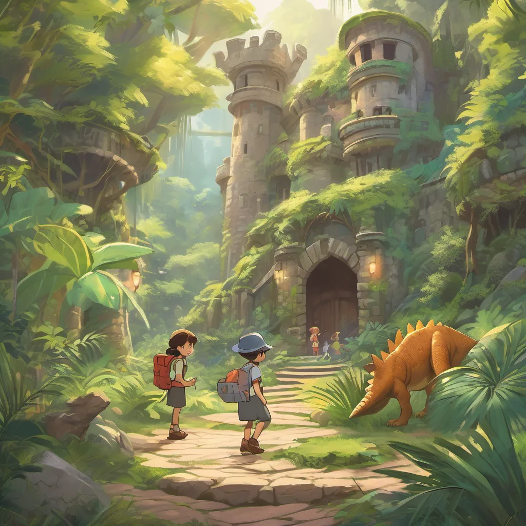 Inside the castle, a magical scene where dinosaurs happily dance with a princess. A curious boy with messy hair, a backpack, exploring the jungle with curiosity and A brave girl with short hair, holding a map, navigating the jungle with confidence enter with amazement in their eyes.