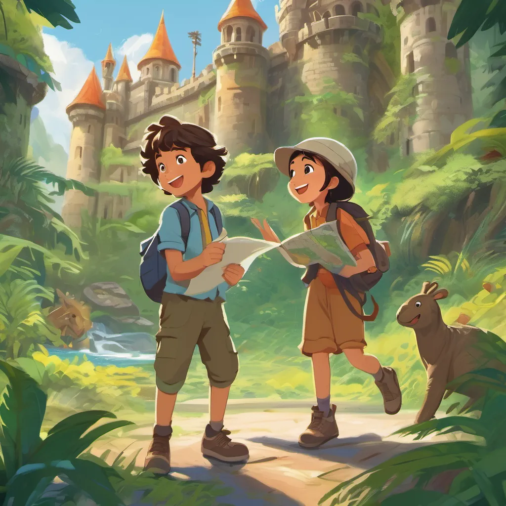 A curious boy with messy hair, a backpack, exploring the jungle with curiosity and A brave girl with short hair, holding a map, navigating the jungle with confidence dancing joyfully with dinosaurs and the princess inside the castle, their faces lit with joy and laughter.