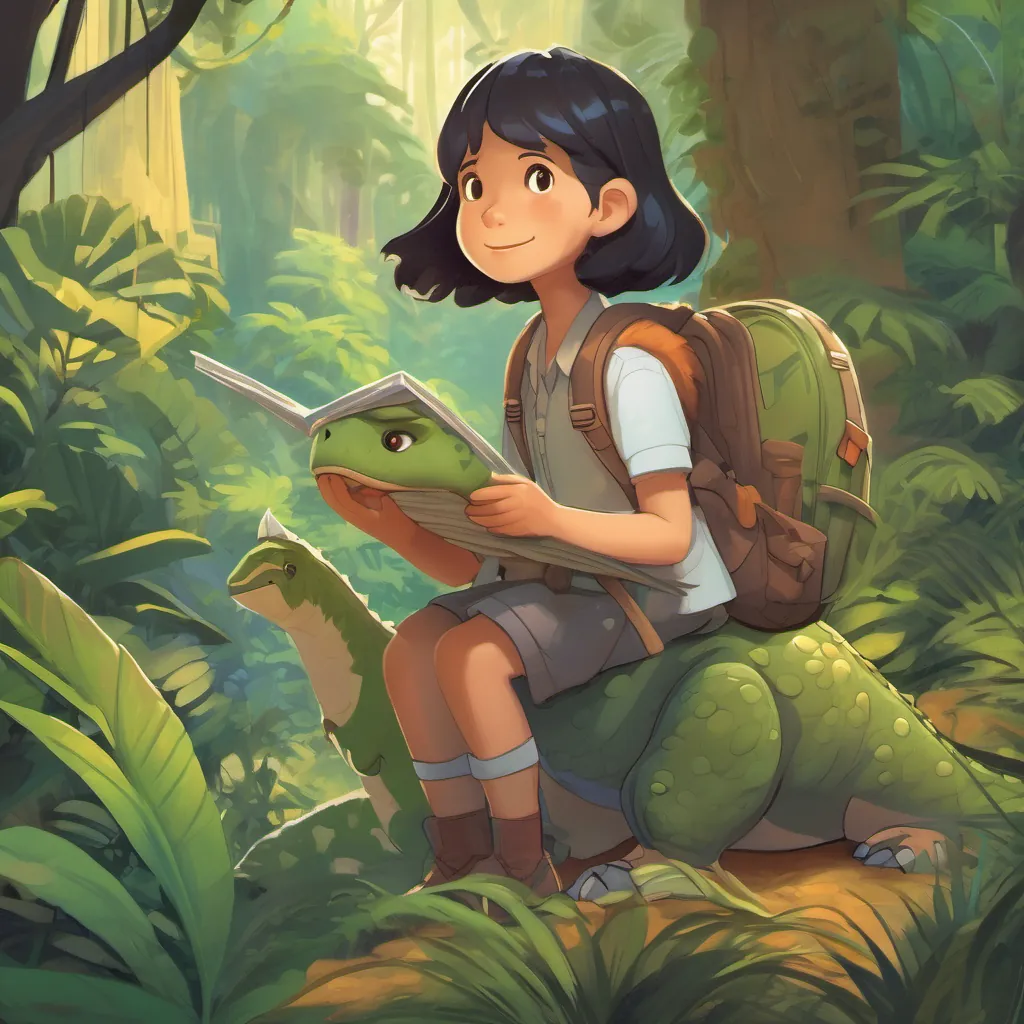A sad dinosaur being comforted by A brave girl with short hair, holding a map, navigating the jungle with confidence with a warm hug while A curious boy with messy hair, a backpack, exploring the jungle with curiosity smiles and the dinosaur's mood lifts.