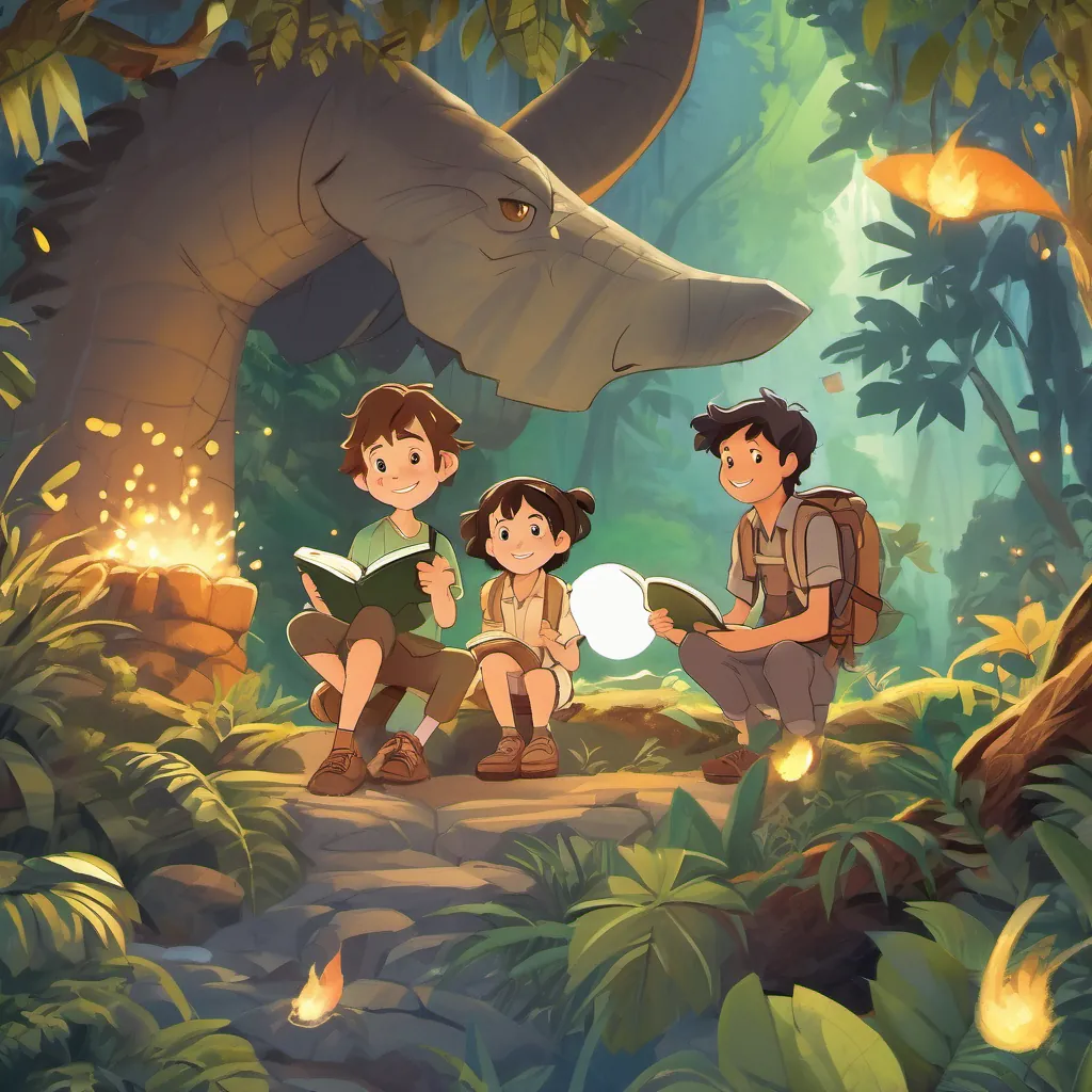 A curious boy with messy hair, a backpack, exploring the jungle with curiosity, A brave girl with short hair, holding a map, navigating the jungle with confidence, and the princess sitting around a campfire with dinosaurs, stars twinkling above, sharing stories with contented smiles.