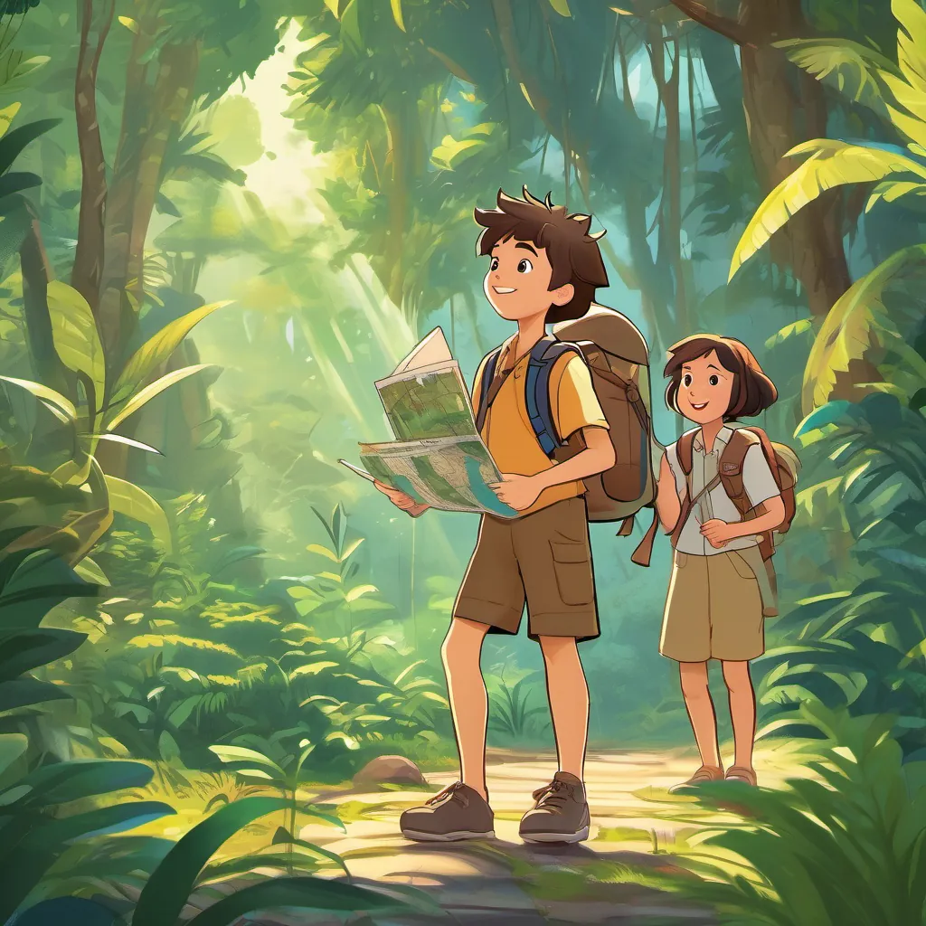 A curious boy with messy hair, a backpack, exploring the jungle with curiosity and A brave girl with short hair, holding a map, navigating the jungle with confidence waving goodbye to the princess and dinosaurs at the edge of the jungle, the rising sun casting a warm glow.