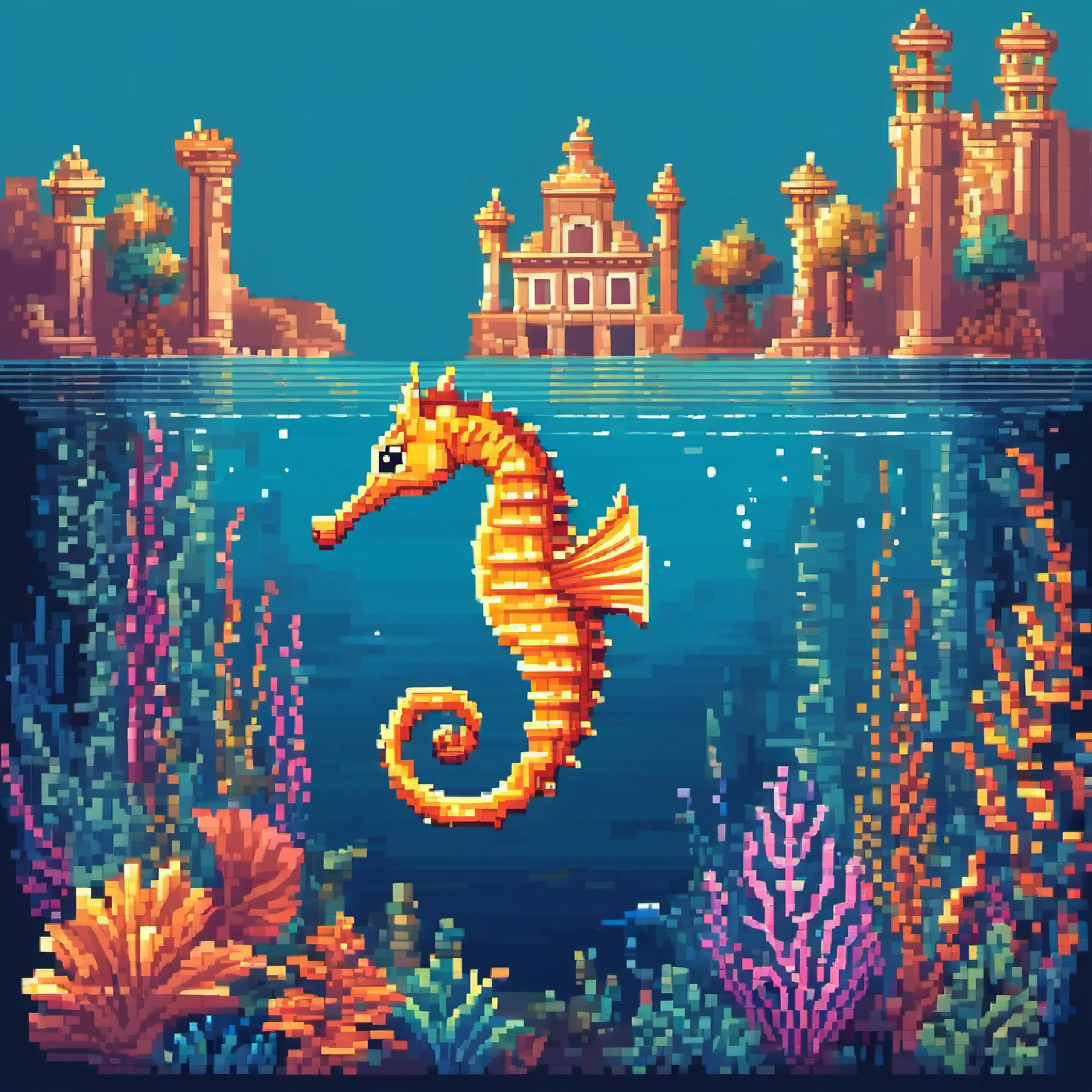 Gentle seahorse with swaying fronds, cautious and observant's worry about the danger and distance of the Sunken City, expressing caution.