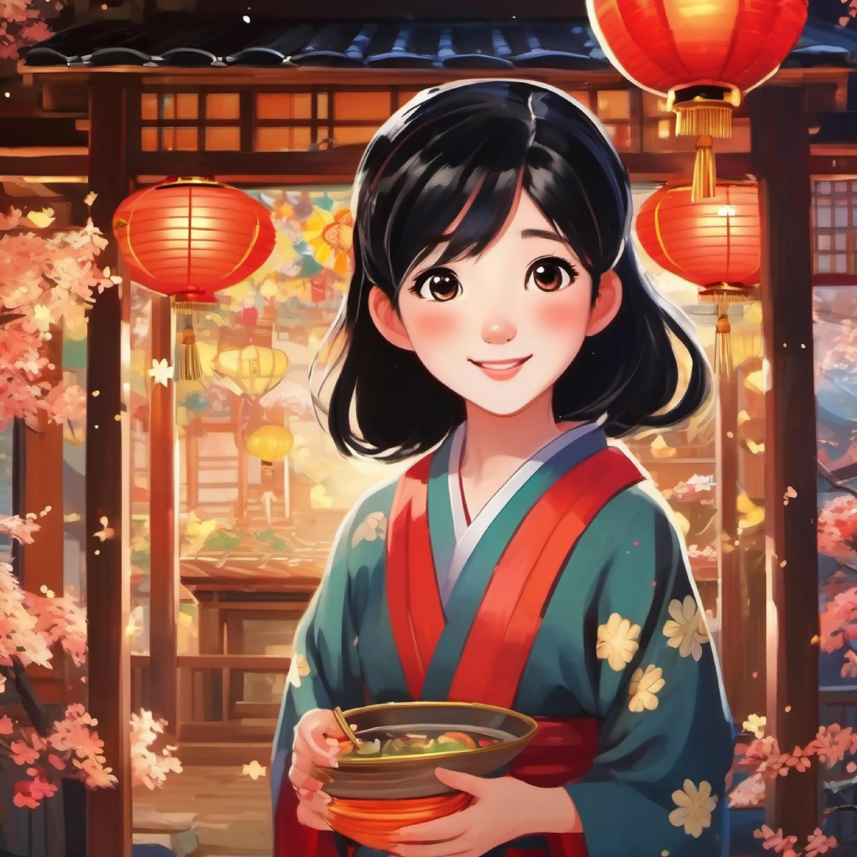 In Happy girl with bright eyes and black hair's house, Japan, excited Happy girl with bright eyes and black hair, New Year's celebration